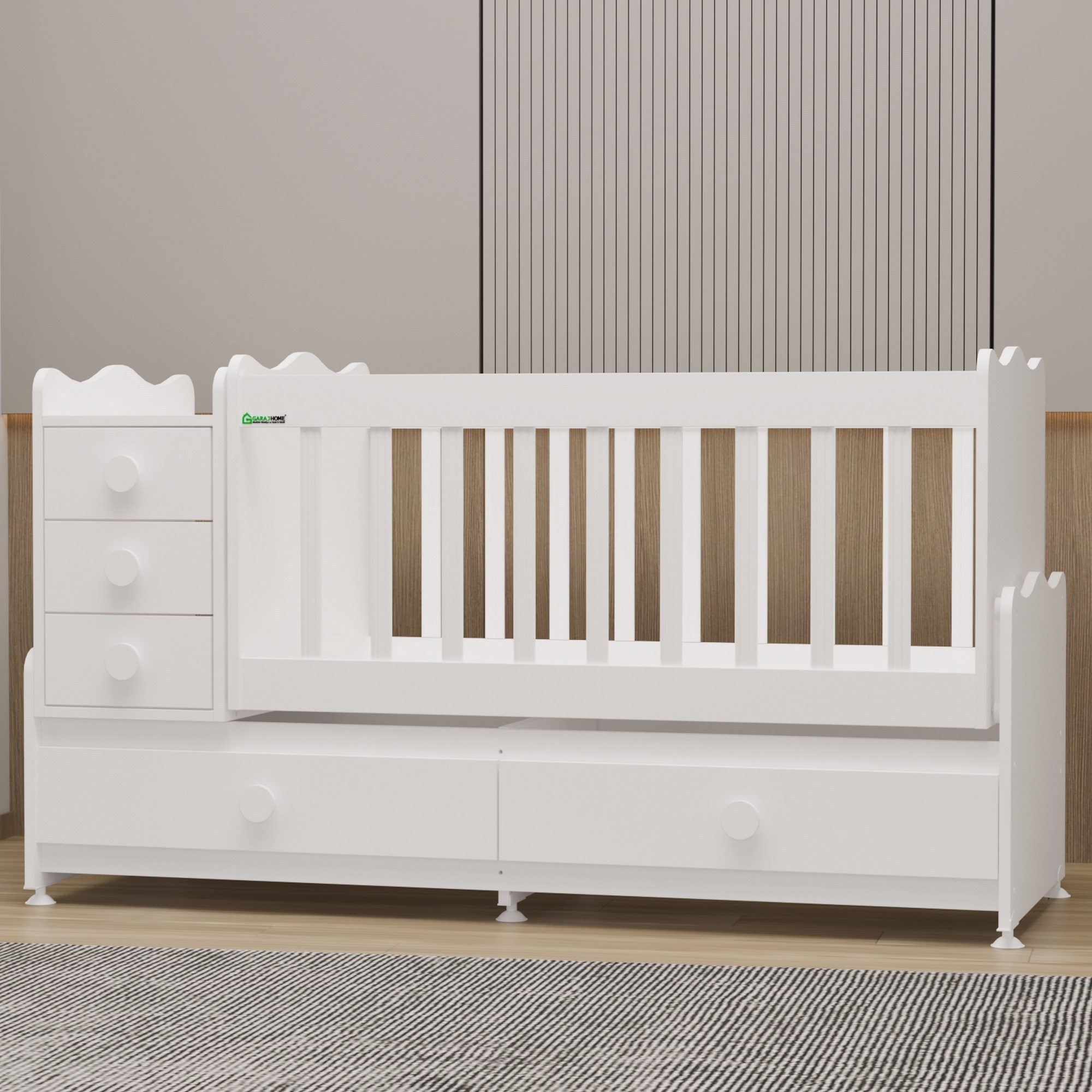 Garaj Home Melina 5 Çekmeceli Büyüyen MDF Çıtalı Beşik - Beyaz
