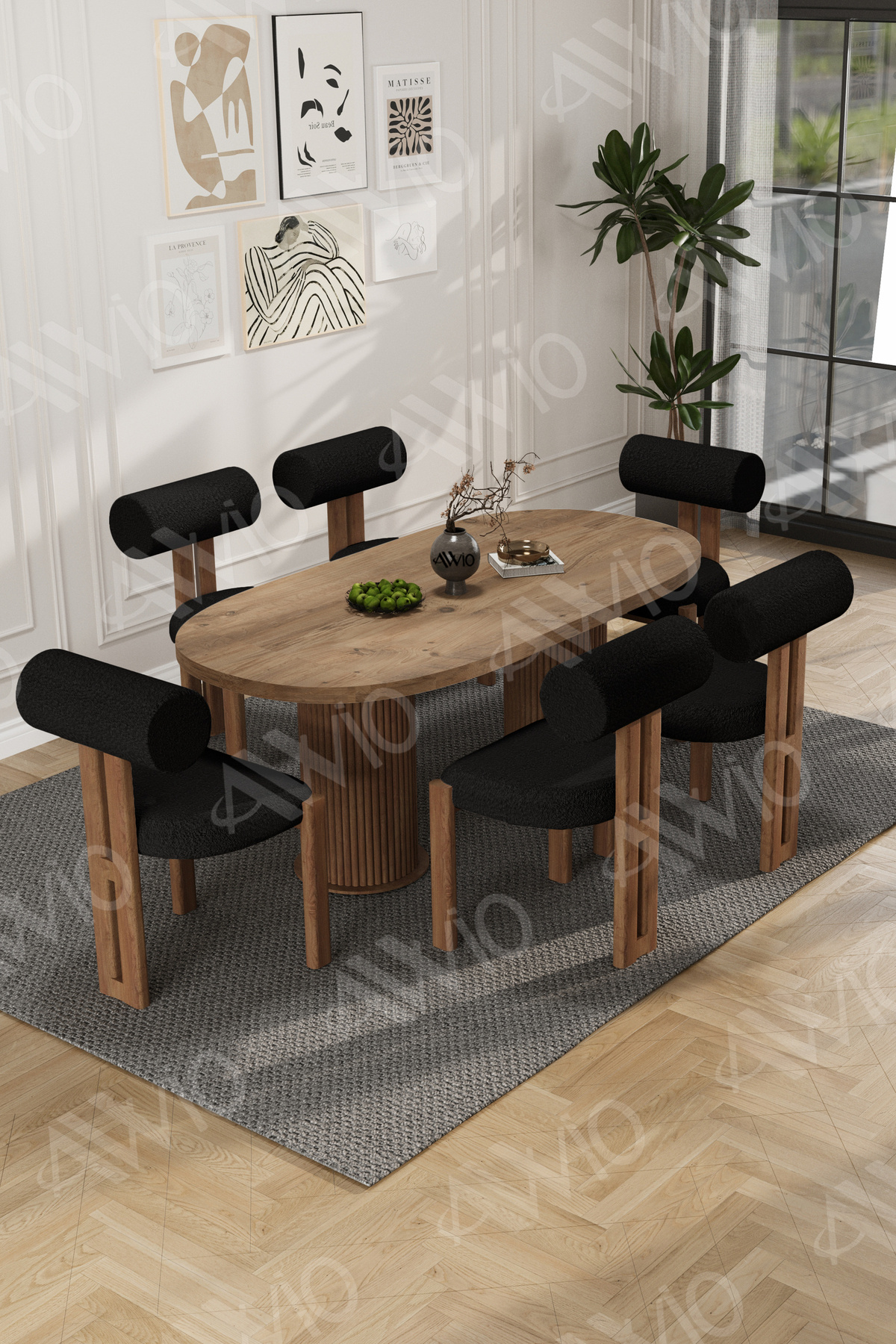 İcon Bohem Ayak 6'lı Metal Pofi Demonte Sandalye 80x160 Masa Sandalye Takımı Akça Masa Sandalye Kumaşı Siyah