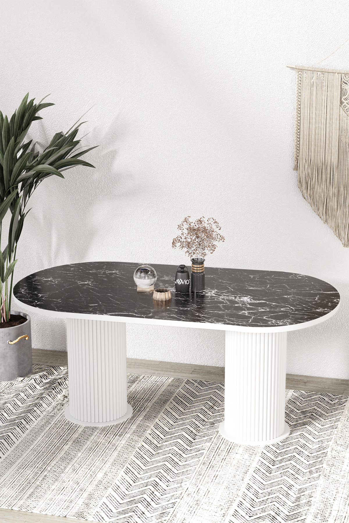 Kiev Bohem Beyaz Ayaklı 80x180 Yemek Masası & Mutfak Masası & Salon Masası Masa Sandalye Takımı Siyah Mermer