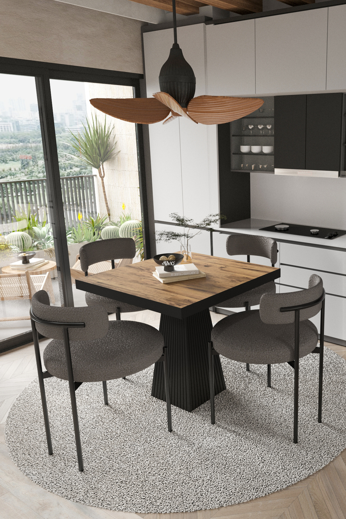 Lago Siyah Lake MDF Ayak 80x80 Yemek Masası Mutfak Masası 4 Kişilik Masa Takımı Teddy Sandalye Akça