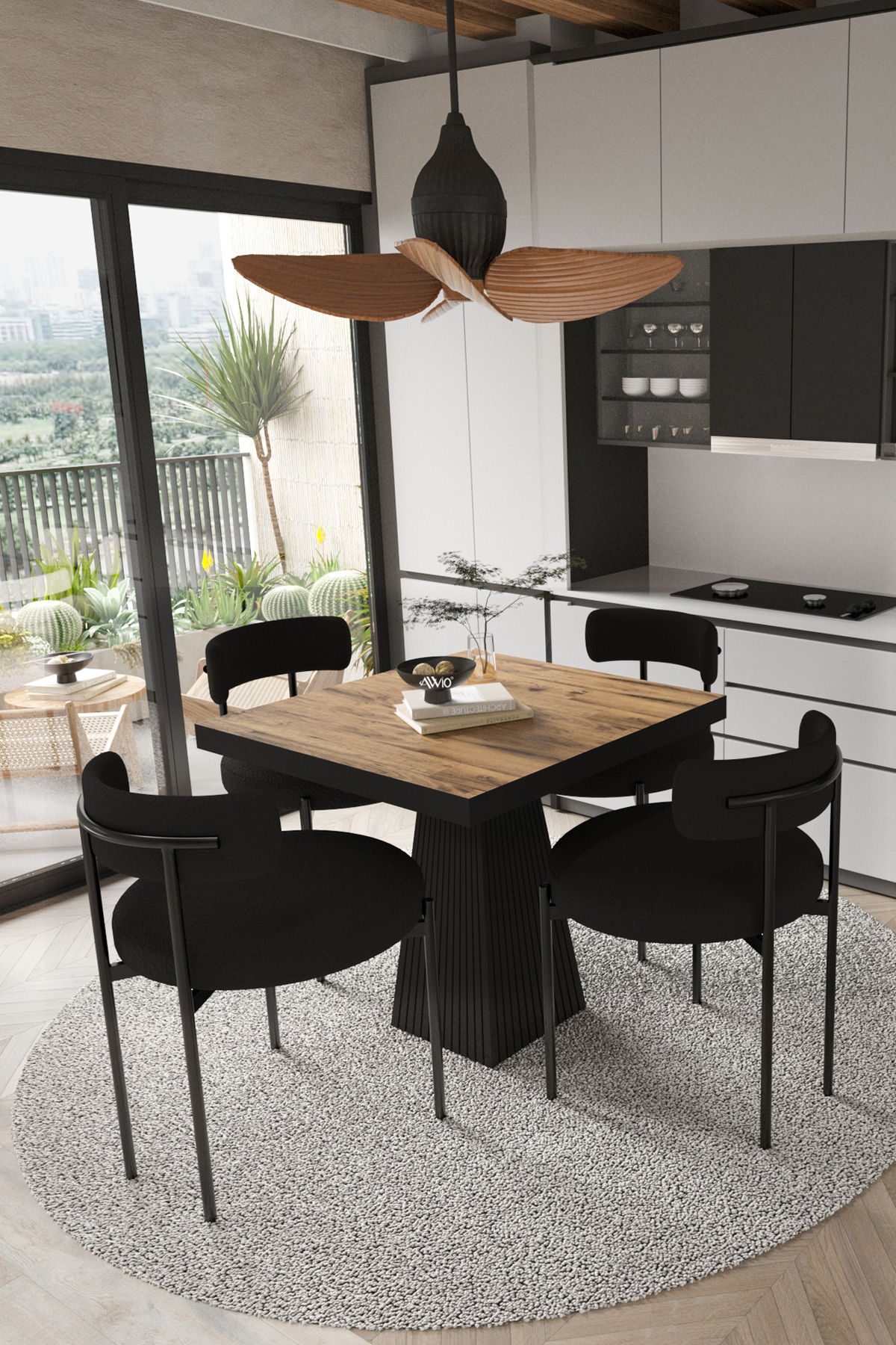 Lago Siyah Lake MDF Ayak 80x80 Yemek Masası Mutfak Masası 4 Kişilik Masa Takımı Teddy Sandalye Akça