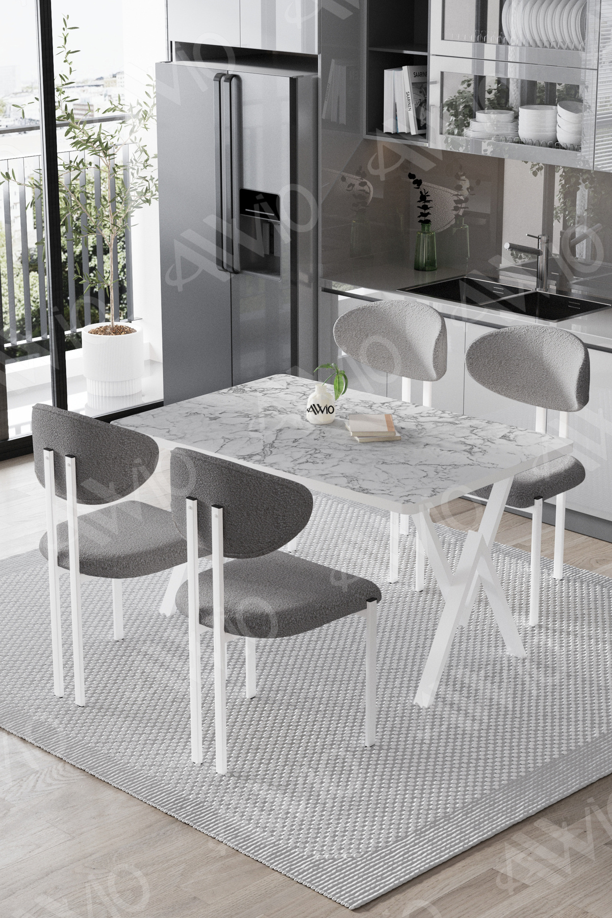 Lagos Lotus Sandalye 80x120 Yemek Masası Mutfak Masası 4 Kişilik Masa Sandalye Takımı Beyaz Mermer Sandalye Gri