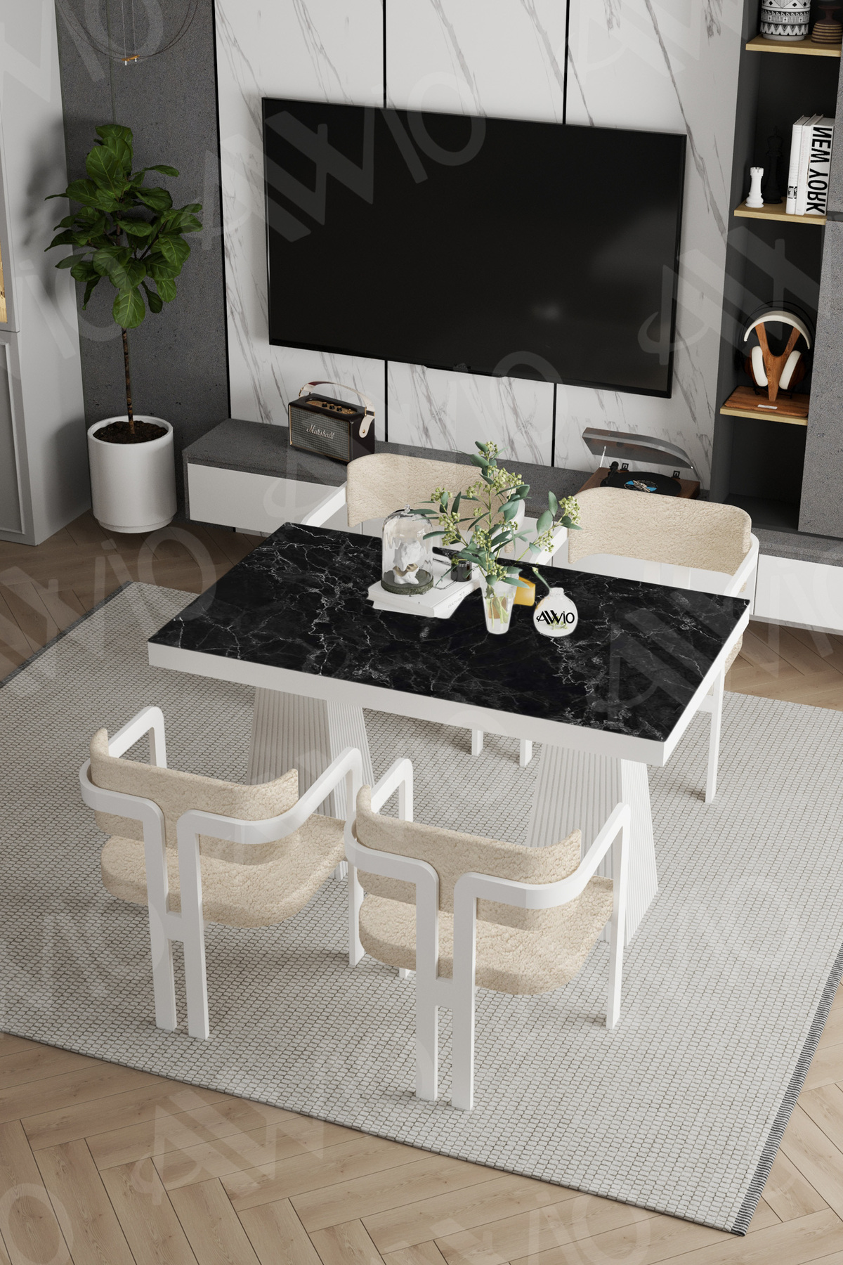 Lato Lake MDF Ayak Tokyo Demonte Sandalye 80x120 Yemek Masası Mutfak Masası 4 Kişilik Siyah Mermer