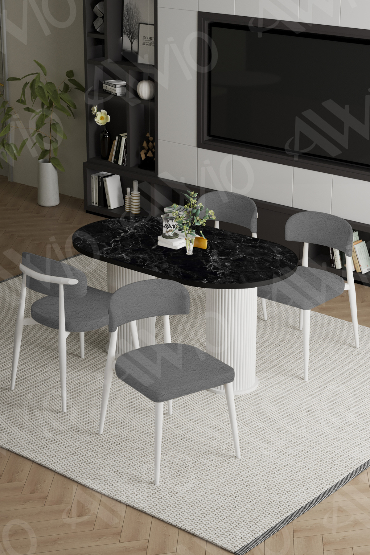 Lavin Beyaz Bohem Ayak Polo Sandalye 80x140 Mutfak Masa Sandalye Takımı Siyah Mermer