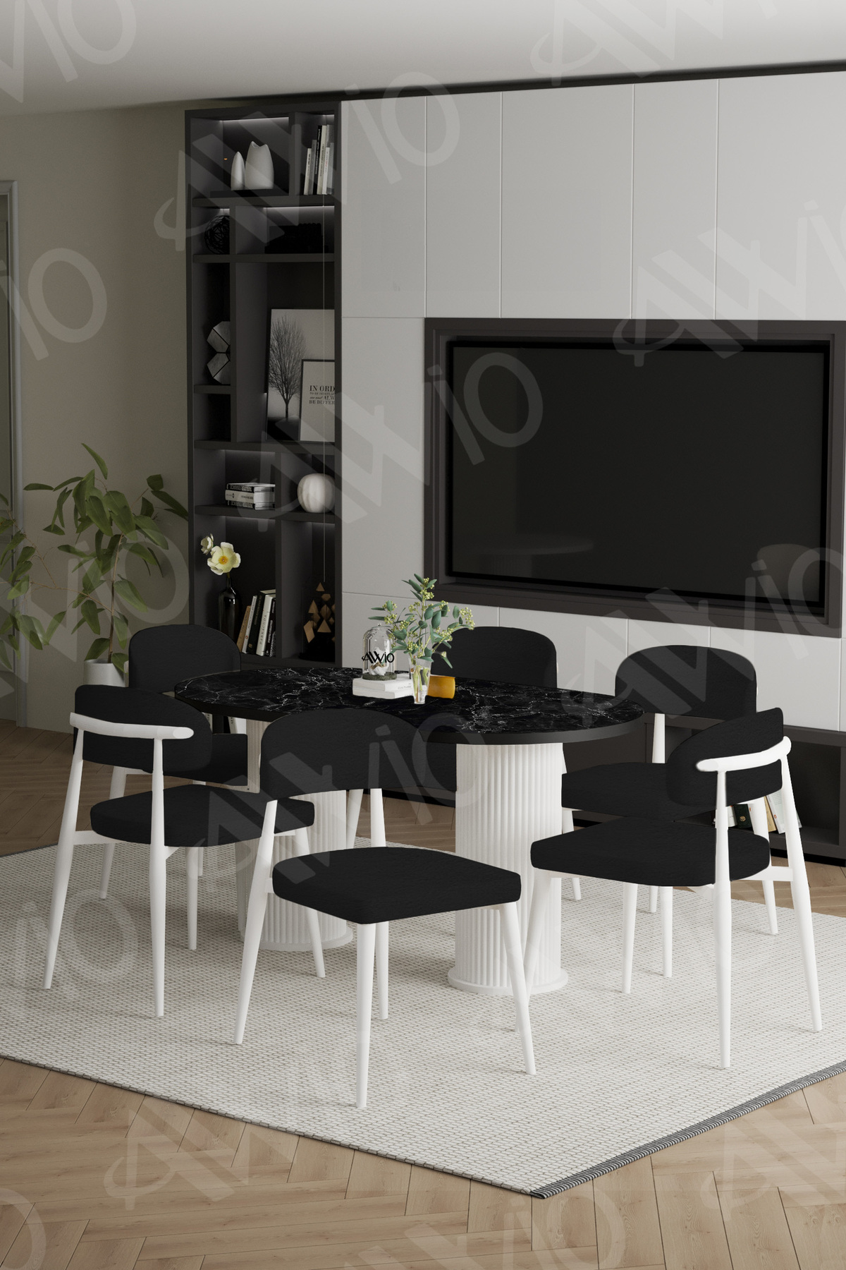 Lea Bohem Ayak Beyaz Polo Sandalye 80x160 Mutfak Masa Sandalye Takımı Siyah Mermer