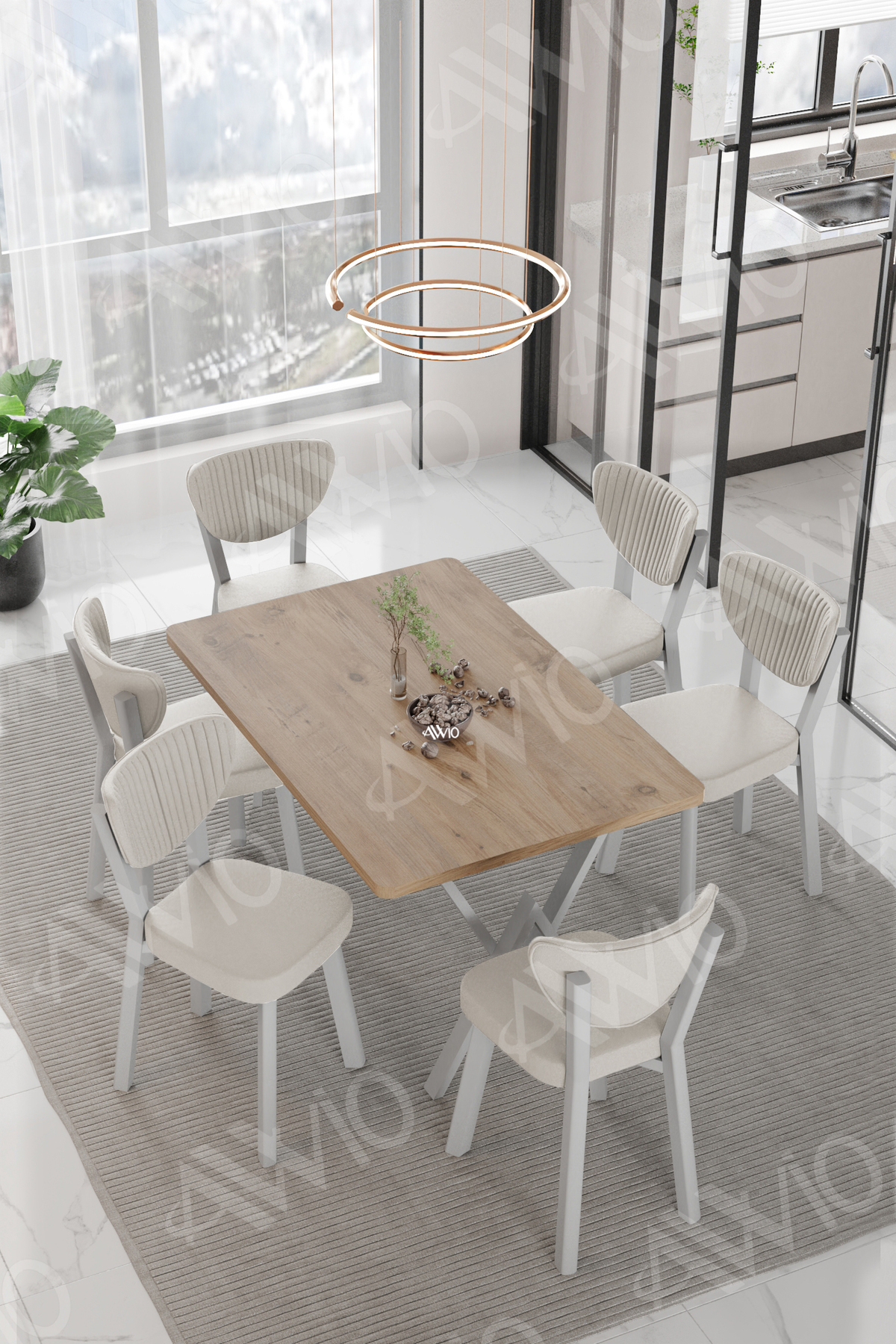 Lidyana Elma Sandalye 80x140 Yemek Masası Mutfak Masası 6 Kişilik Masa Sandalye Takım Akça