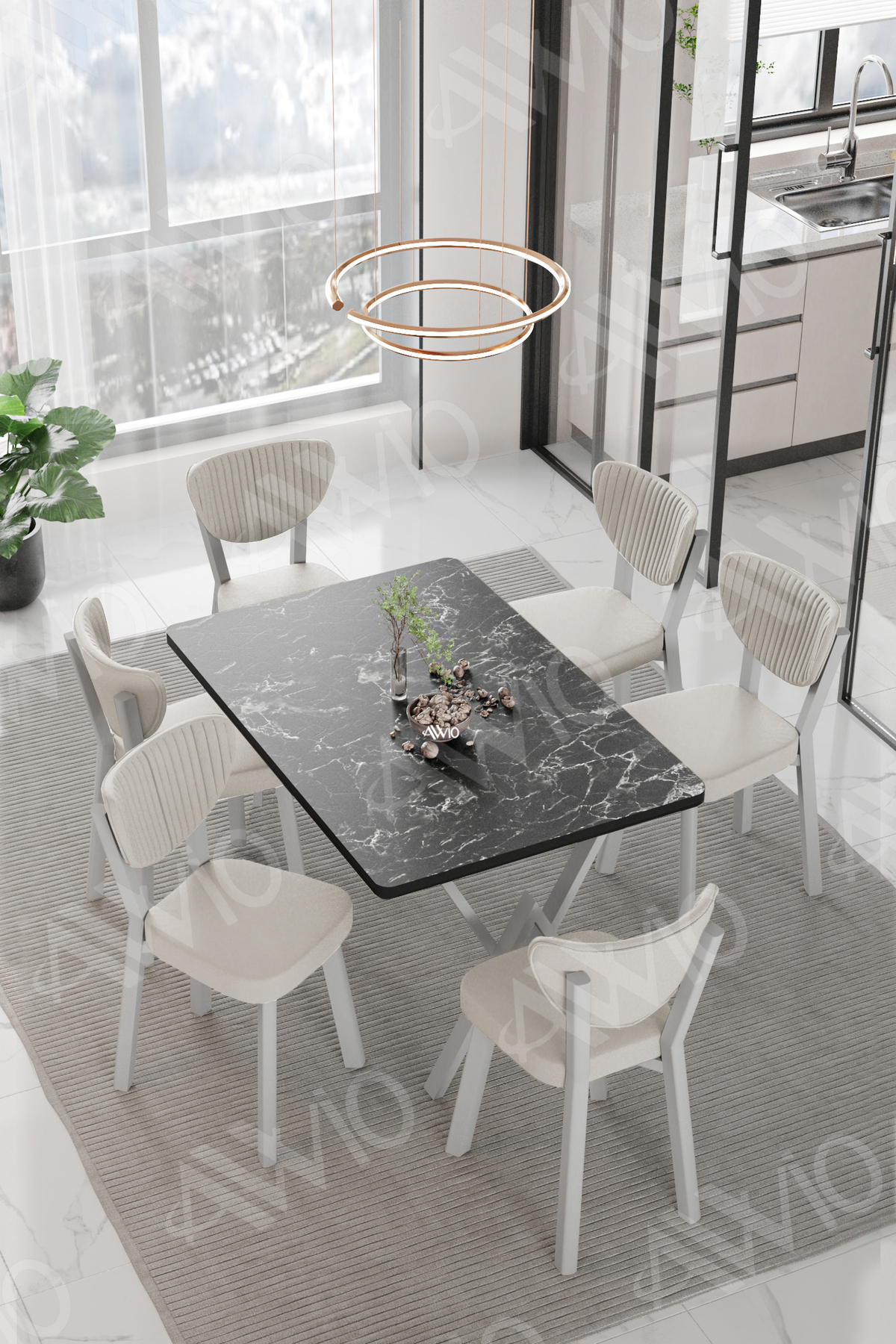 Lidyana Elma Sandalye 80x140 Yemek Masası Mutfak Masası 6 Kişilik Masa Sandalye Takım Siyah Mermer