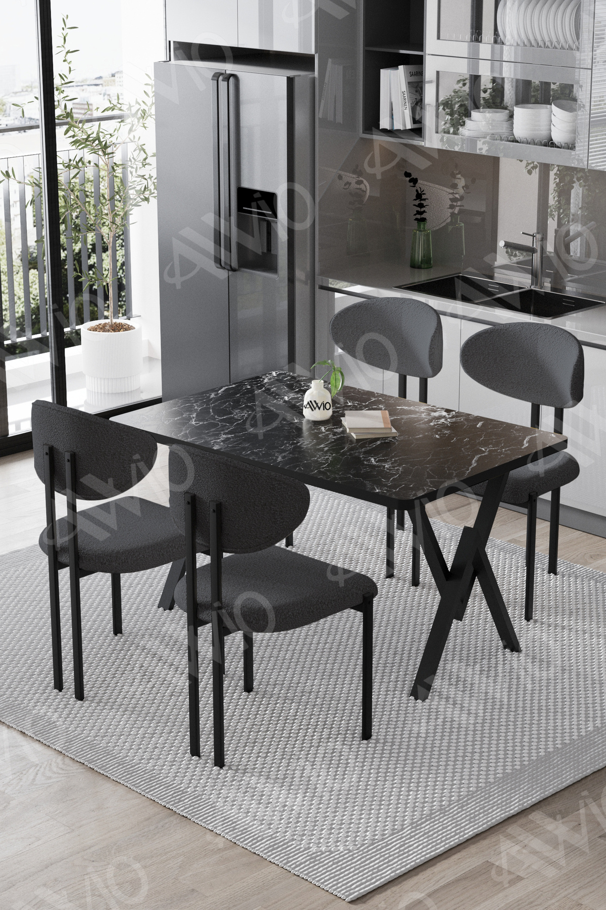 Lotus Sandalye 80x120 Yemek Masası Mutfak Masası 4 Kişilik Masa Sandalye Takımı Siyah Mermer Masa Sandalye Antrasit Gri