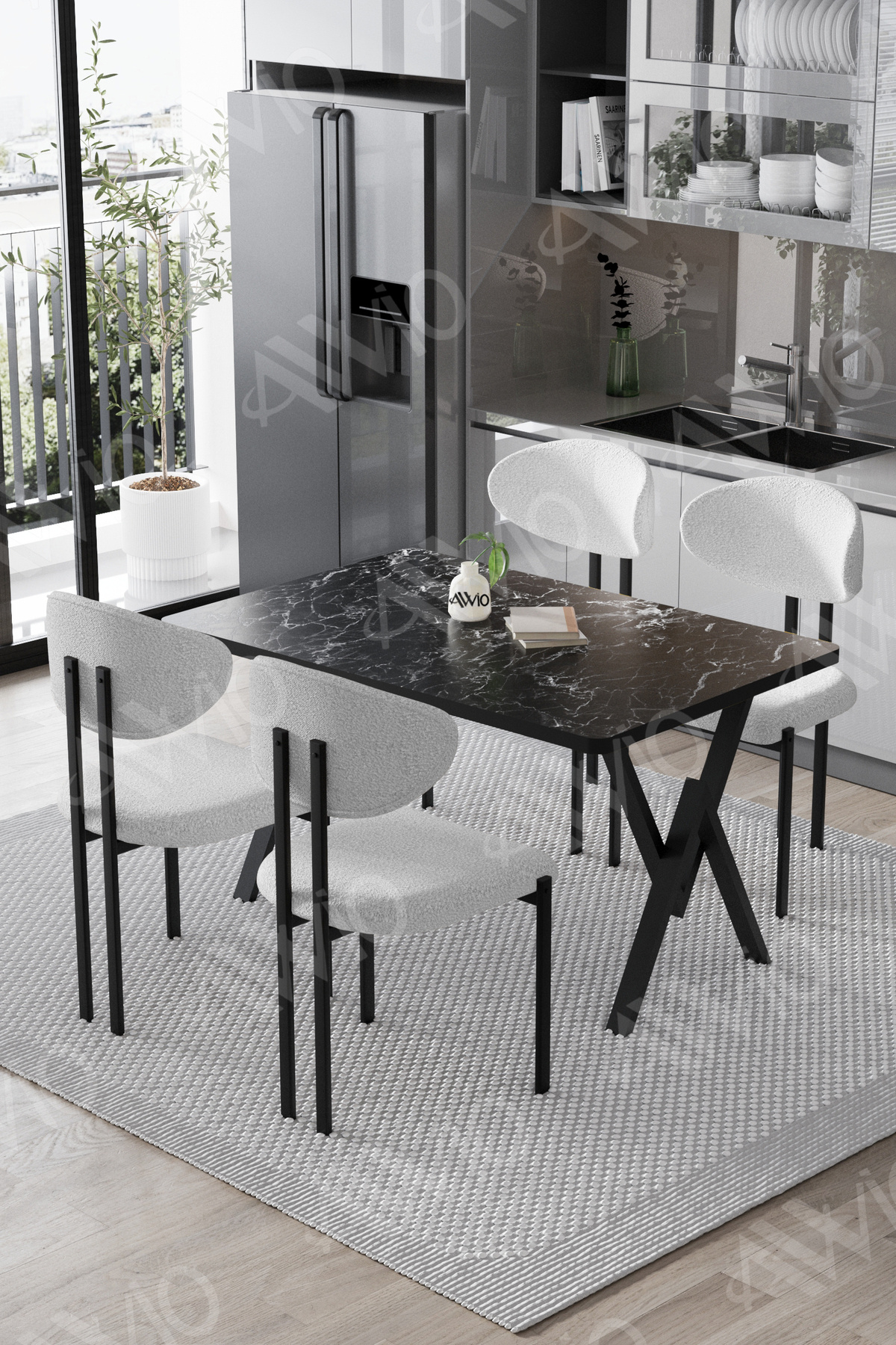 Lotus Sandalye 80x120 Yemek Masası Mutfak Masası 4 Kişilik Masa Sandalye Takımı Siyah Mermer Masa Sandalye Beyaz