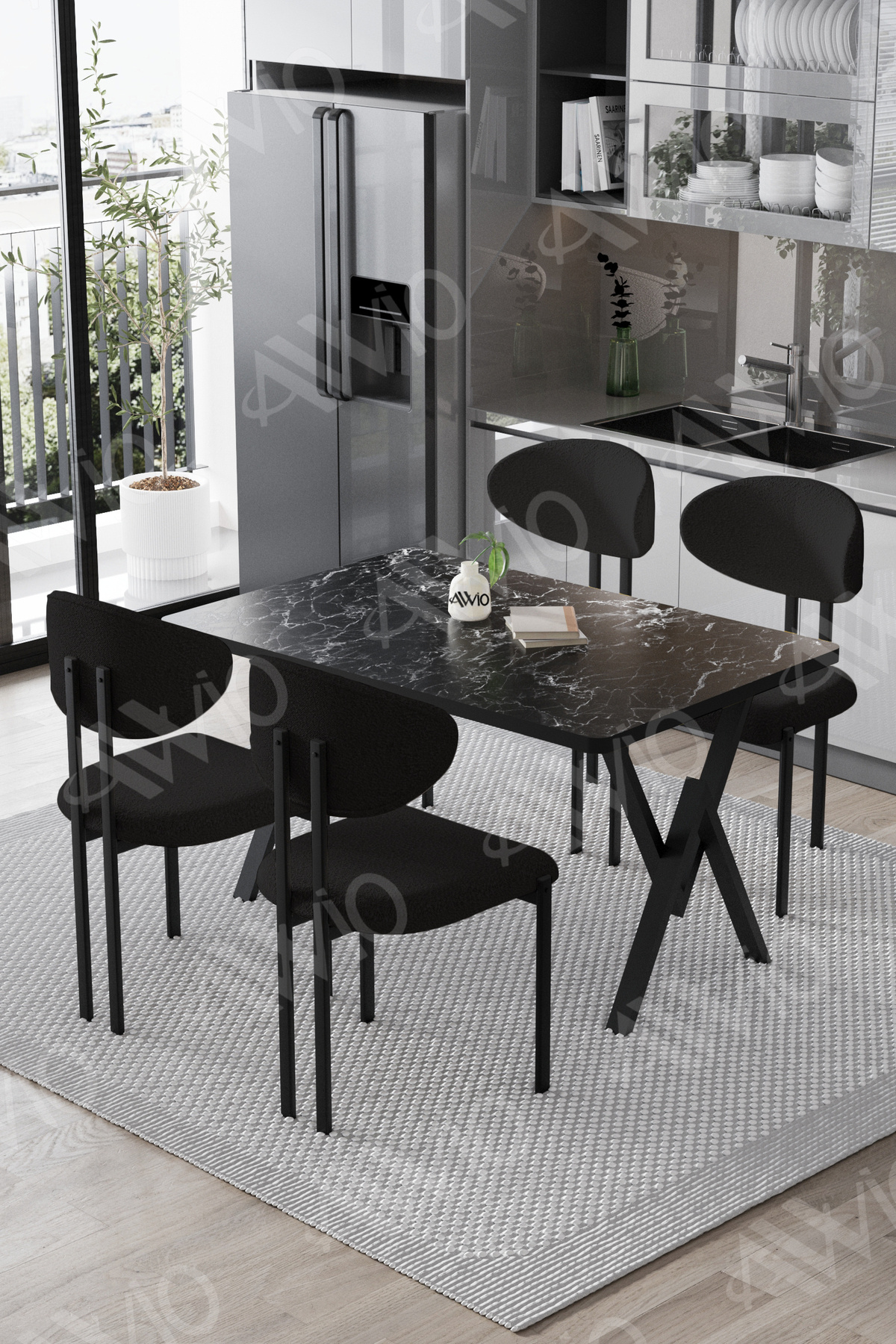 Lotus Sandalye 80x120 Yemek Masası Mutfak Masası 4 Kişilik Masa Sandalye Takımı Siyah Mermer Masa Sandalye Siyah