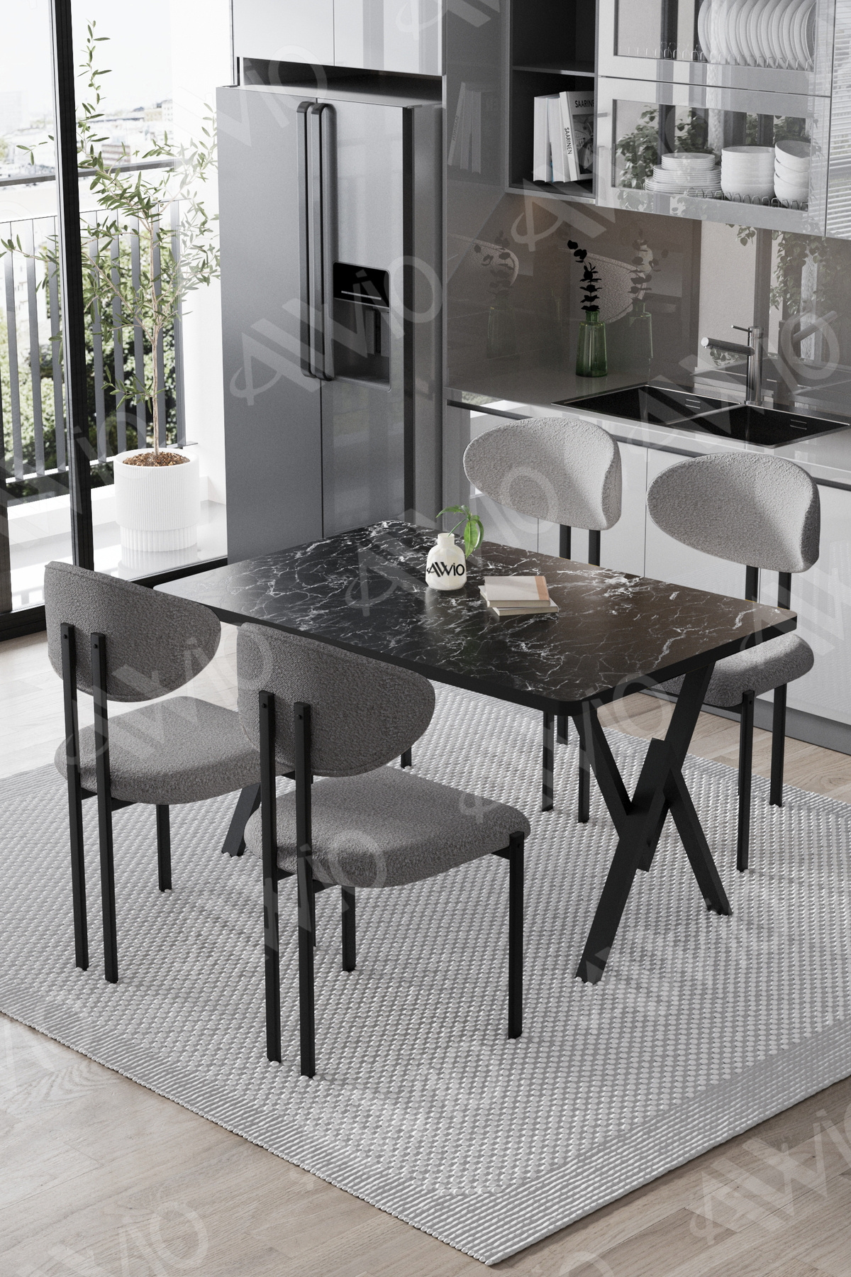 Lotus Sandalye 80x120 Yemek Masası Mutfak Masası 4 Kişilik Masa Sandalye Takımı Siyah Mermer Masa Sandalye Gri
