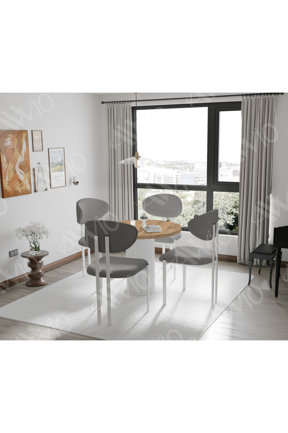 Loures Serisi Bohem Ayak 4'lü Lotus Sandalye 90x90 Masa Sandalye Takımı Akça 90x90 Masa Sandalye Açık Gri
