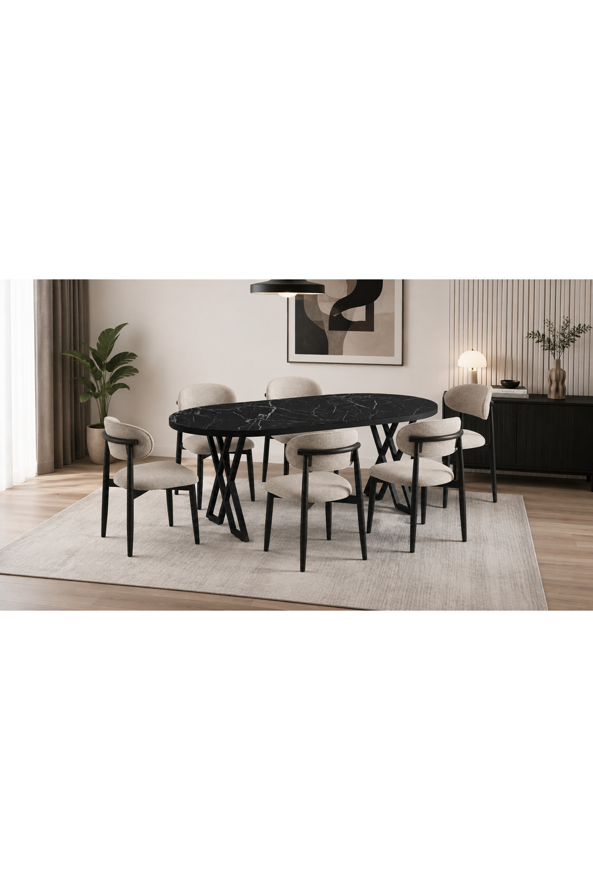 Luna Serisi 80x160 Cm 6 Kişilik MDF Oval Yemek Masası Mutfak Masası Takımı X Ayaklı Polo Sandalyeli Siyah Mermer MDF Masa Siyah Metal Krem Kumaş