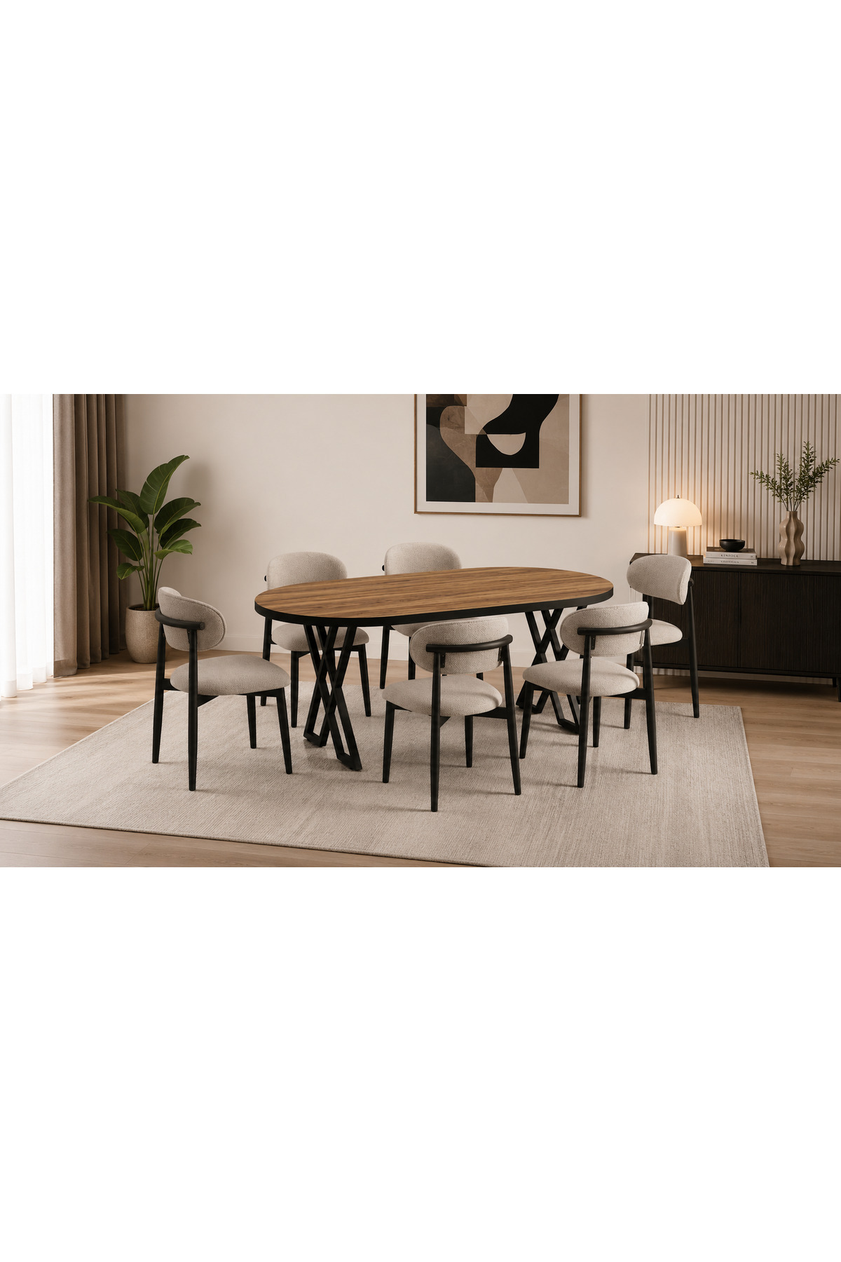 Luna Serisi 80x160 Cm 6 Kişilik MDF Oval Yemek Masası Mutfak Masası Takımı X Ayaklı Polo Sandalyeli Ceviz MDF Masa Siyah Metal Krem Kumaş