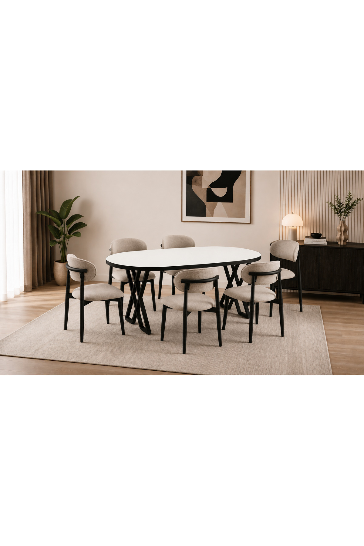 Luna Serisi 80x160 Cm 6 Kişilik MDF Oval Yemek Masası Mutfak Masası Takımı X Ayaklı Polo Sandalyeli Beyaz MDF Masa Siyah Metal Krem Kumaş