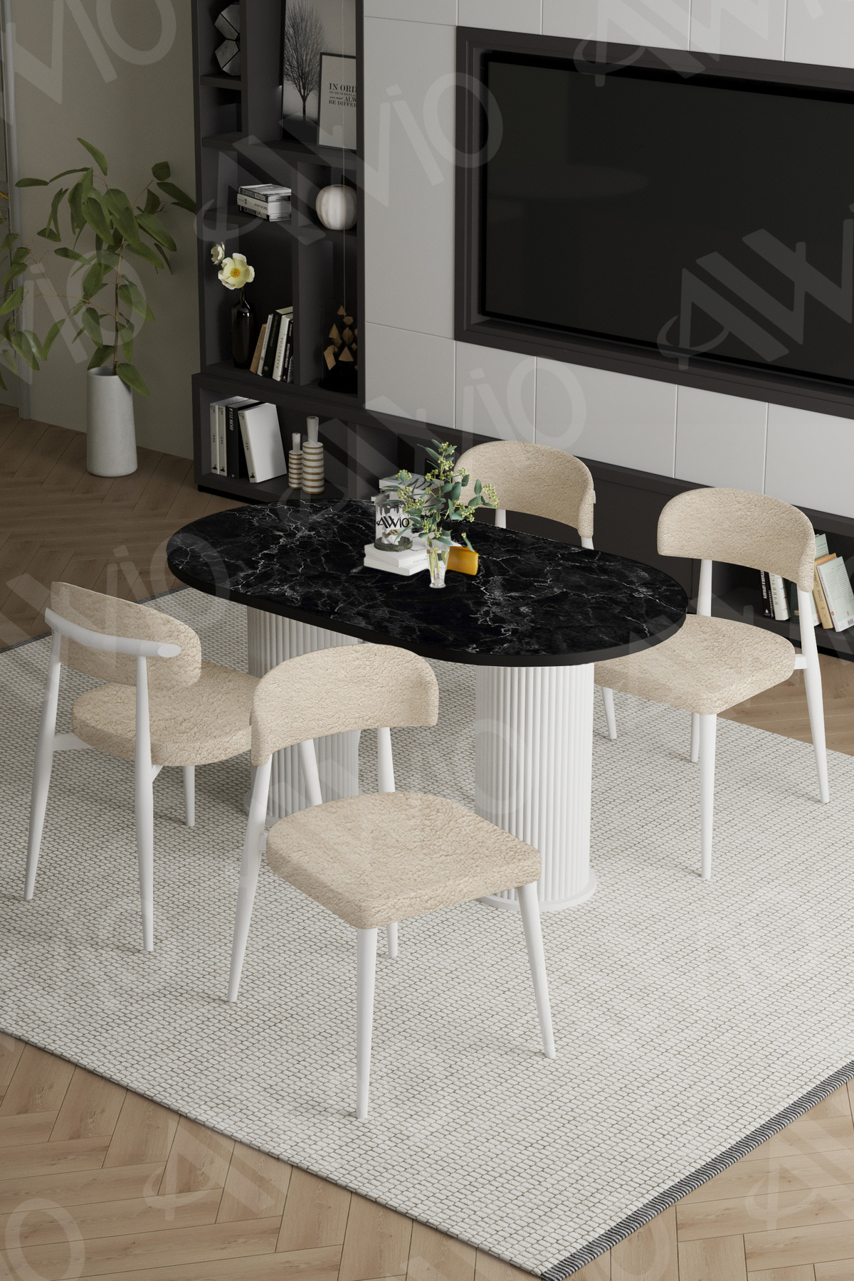 Lyon Beyaz Bohem Ayak Polo Sandalye 80x140 Mutfak Masa Sandalye Takımı Siyah Mermer