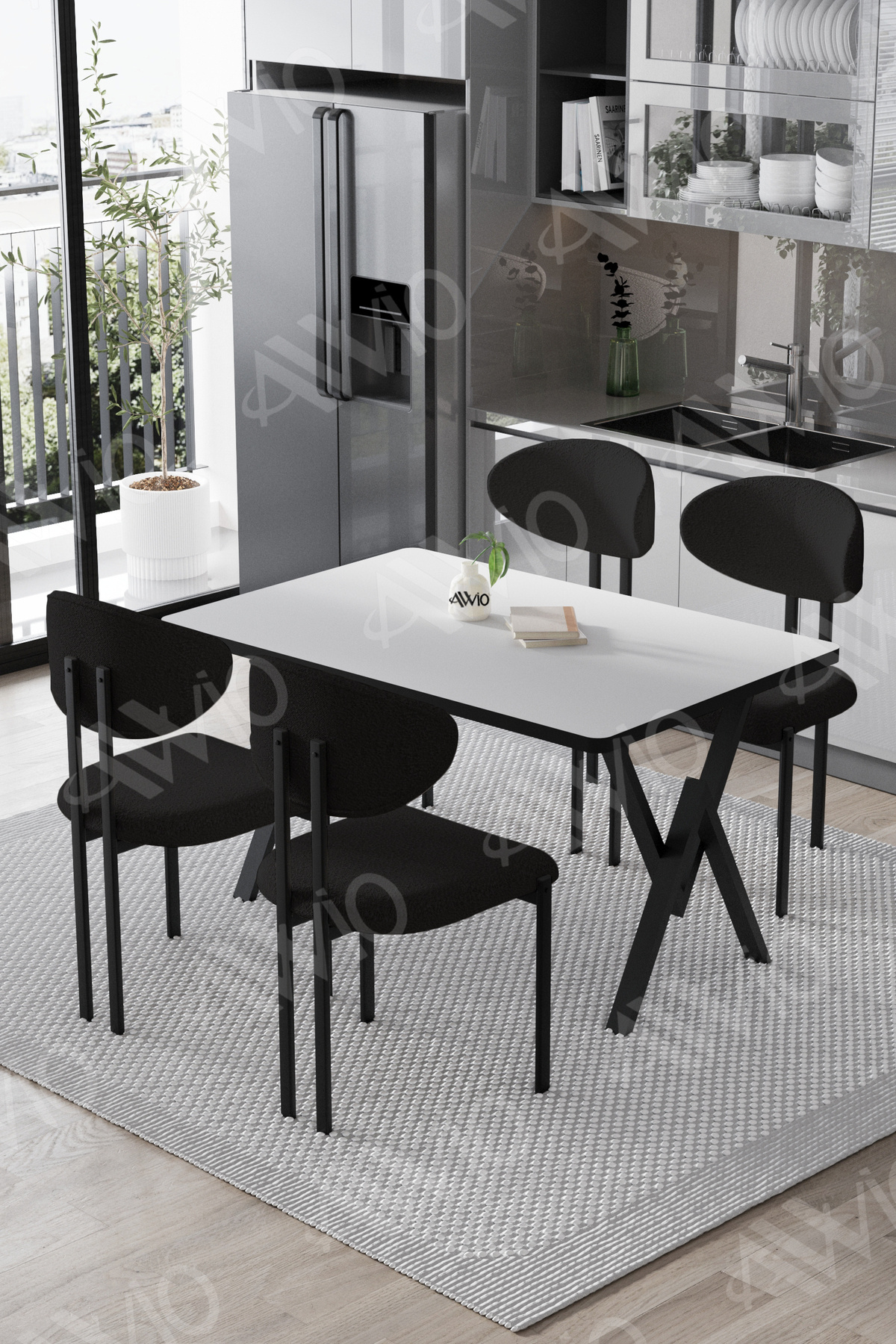 Mara Lotus 80x120 Yemek Masası Mutfak Masası Ofis Masası 4 Kişilik Masa Sandalye Takımı Düz Beyaz Sandalye Siyah