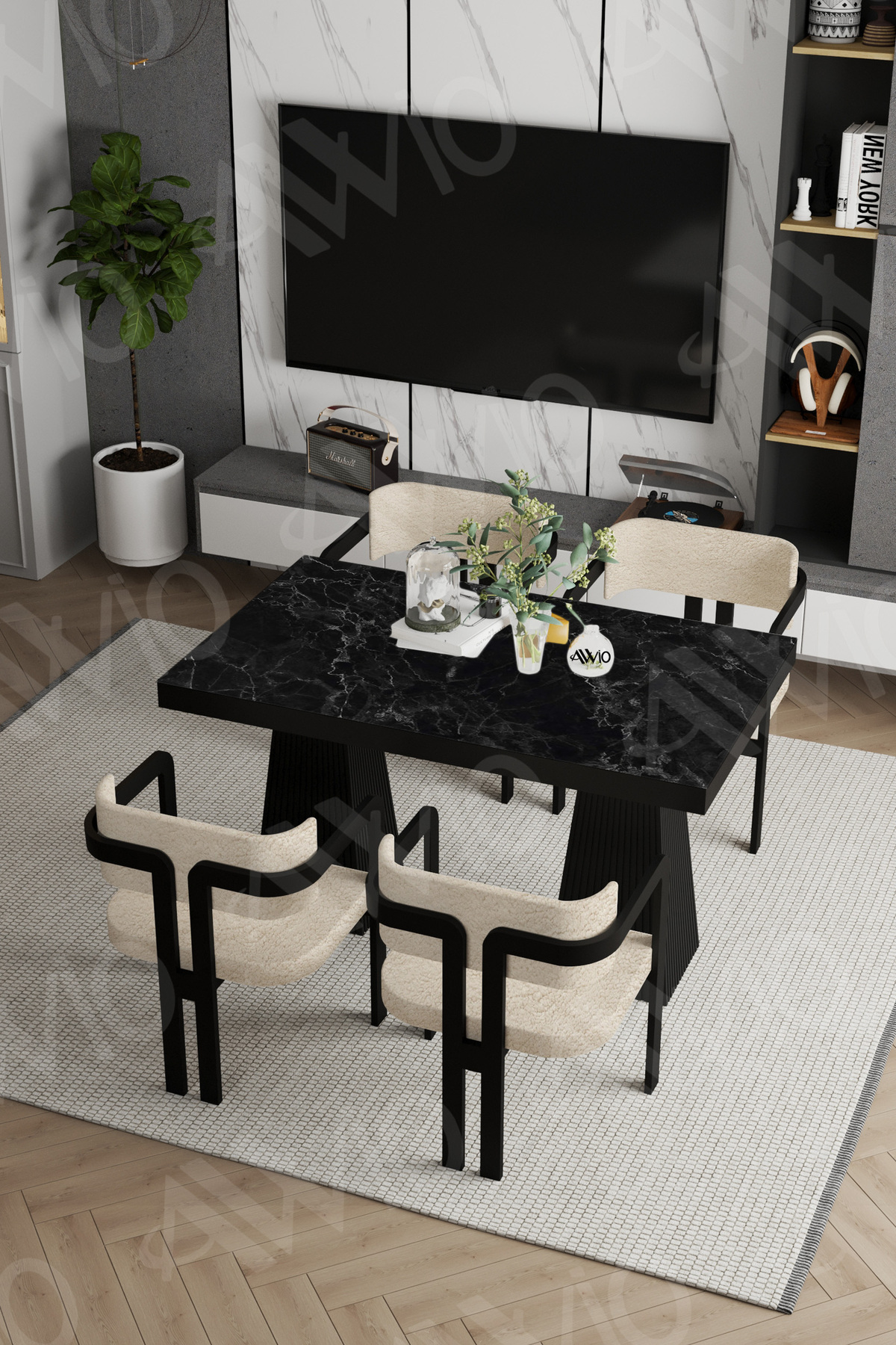 Marble Lake MDF Ayak Tokyo Demonte Sandalye 80x120 Yemek Masası Mutfak Masası 4 Kişilik Siyah Mermer