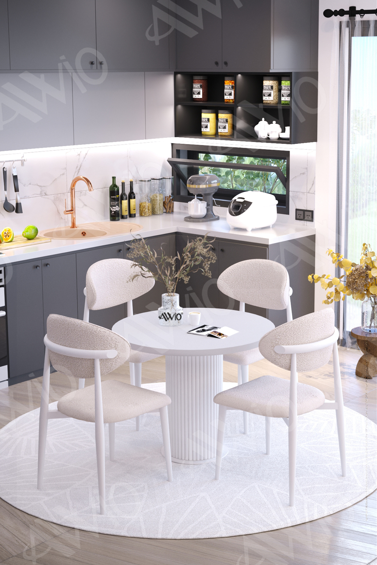 Marco Bohem Ayak Beyaz Polo Sandalye 90x90 Mutfak Masa Sandalye Takımı Beyaz