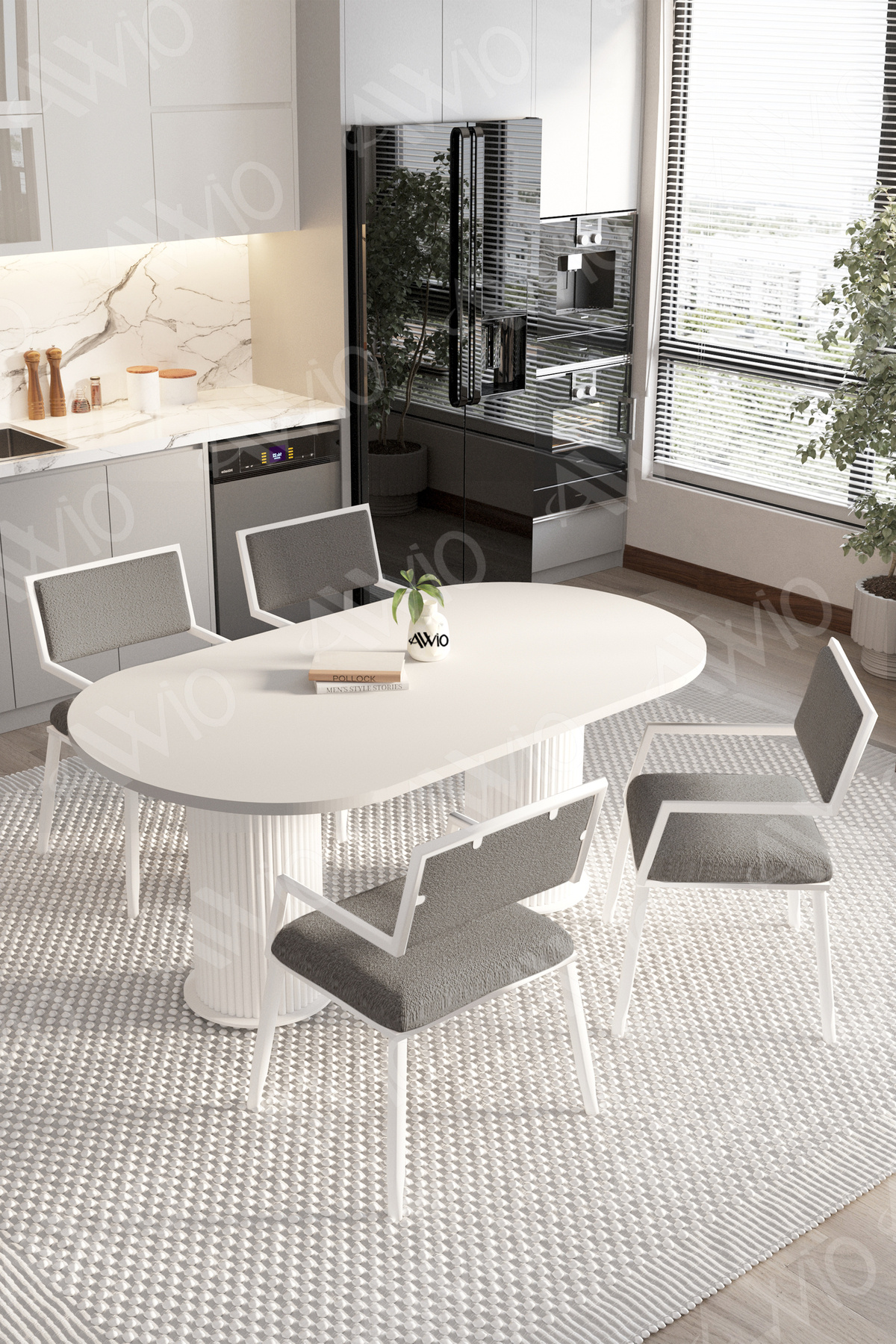 Marla 80x140 Yemek Masası Mutfak Masası 4 Kişilik Masa Sandalye Takımı Beyaz-Gri