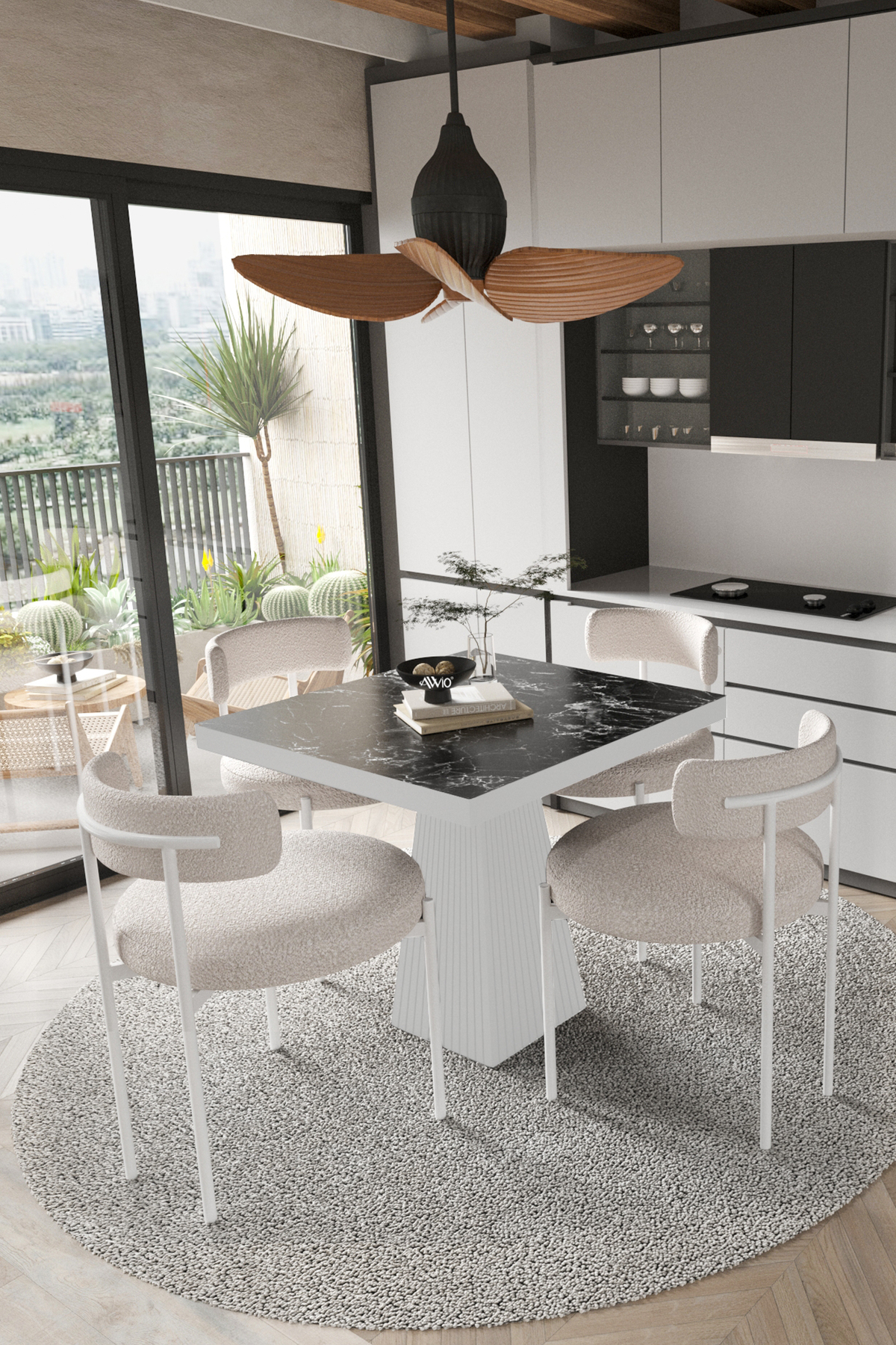 Mayer Beyaz Lake MDF Ayak 90x90 Yemek Masası Mutfak Masası 4 Kişilik Masa Takımı Teddy Sandalye Siyah Mermer