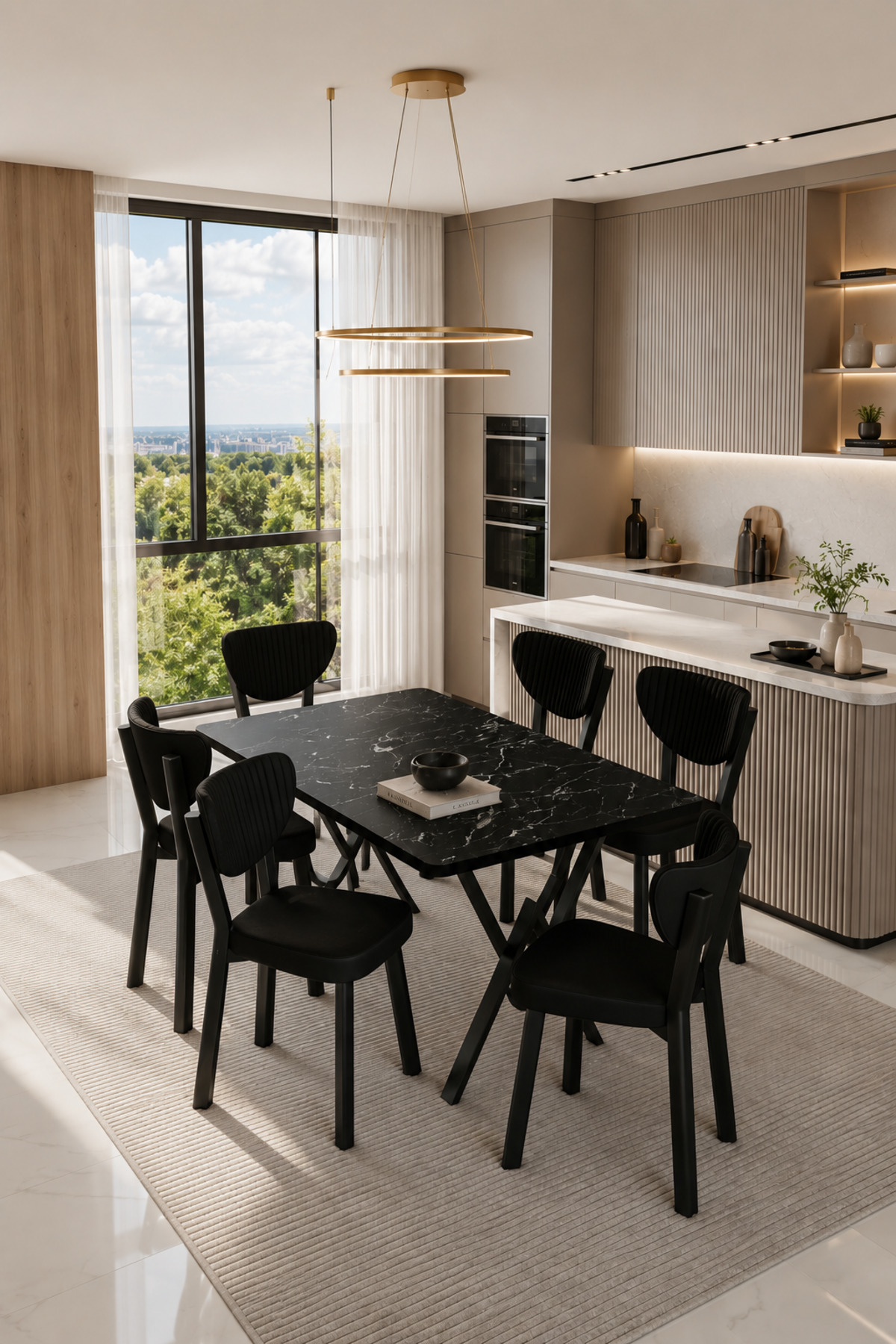 Mida Elma Sandalye 80x140 Yemek Masası Mutfak Masası 6 Kişilik Masa Sandalye Takım Siyah Mermer