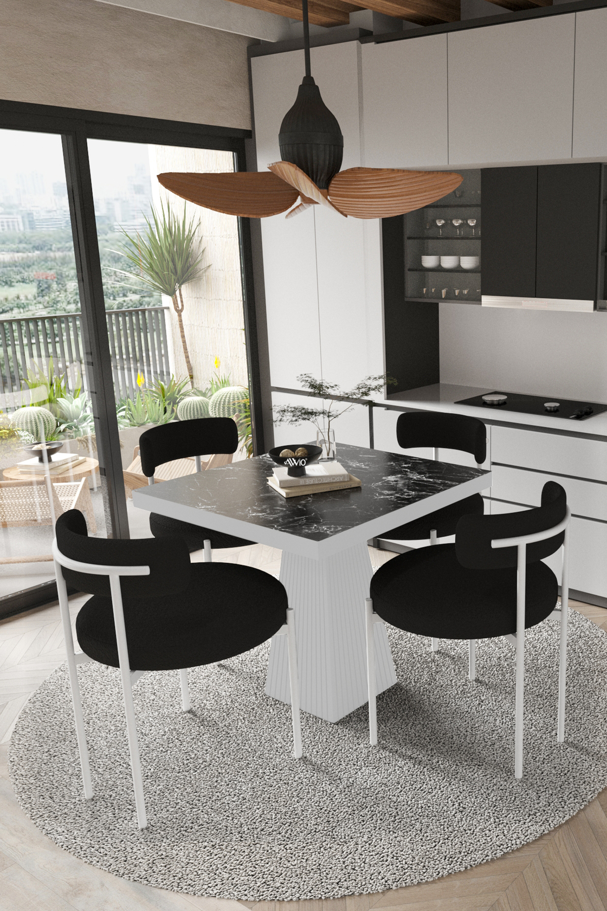 Milena Beyaz Lake MDF Ayak 90x90 Yemek Masası Mutfak Masası 4 Kişilik Masa Takımı Teddy Sandalye Siyah Mermer