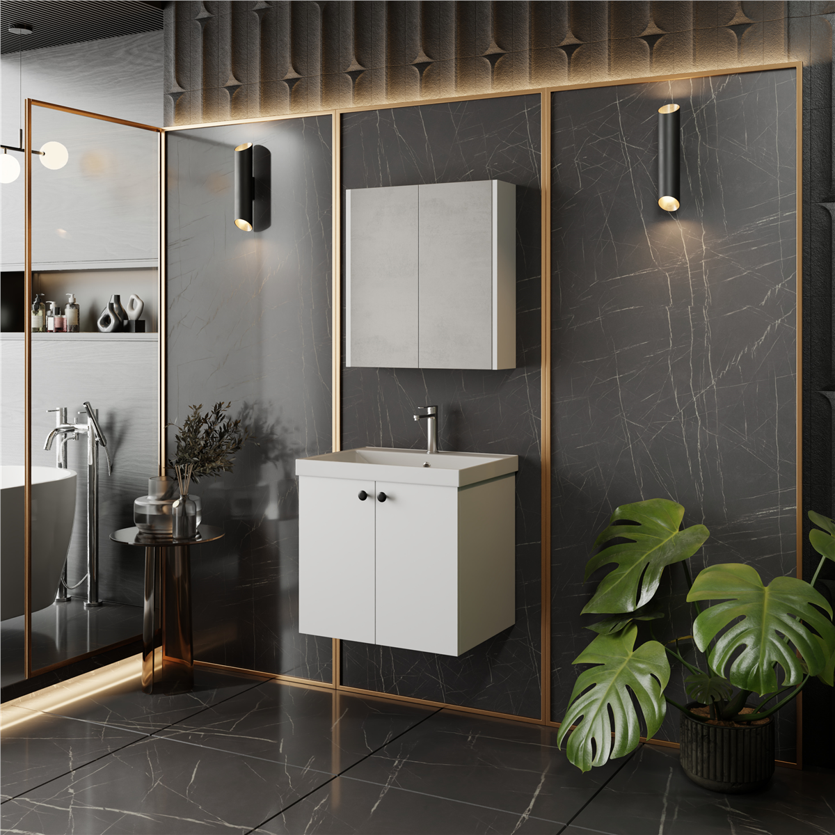 Mimoza 60 Cm Mdf,lavabolu,aynalı Banyo Dolabı Seti,seramik Lavabo Dahil Beyaz Mdf