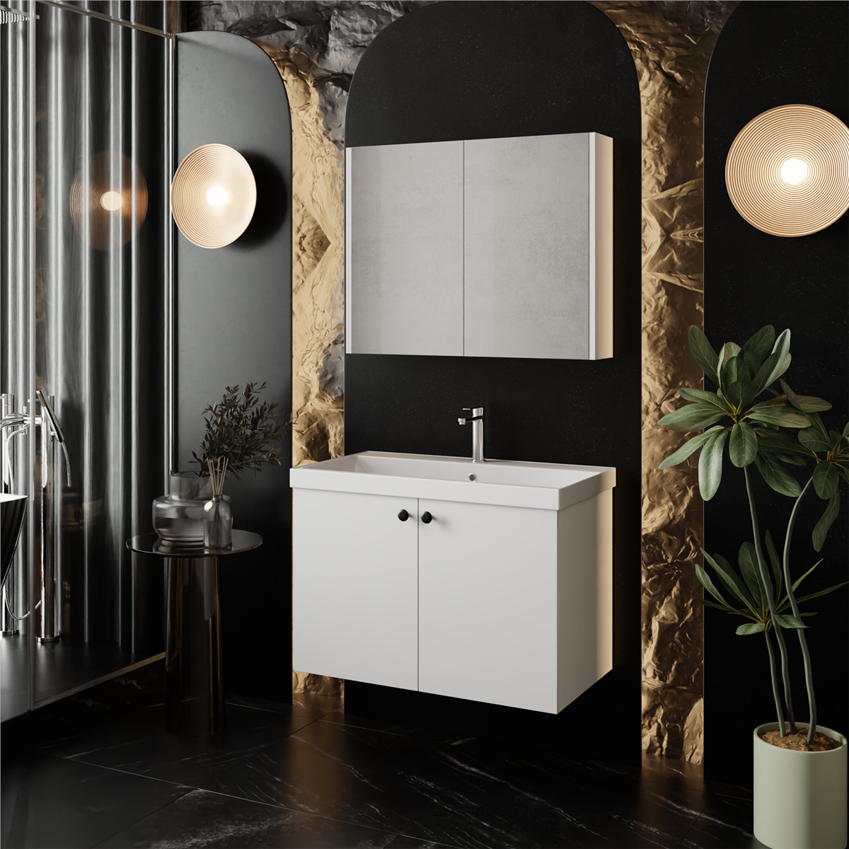 Mimoza 80 Cm Mdf,lavabolu,aynalı Banyo Dolabı Seti,seramik Lavabo Dahil Beyaz Mdf