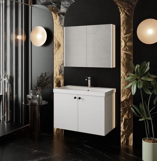 Mimoza 80 Cm Mdf,lavabolu,aynalı Banyo Dolabı Seti,seramik Lavabo Dahil Beyaz Mdf