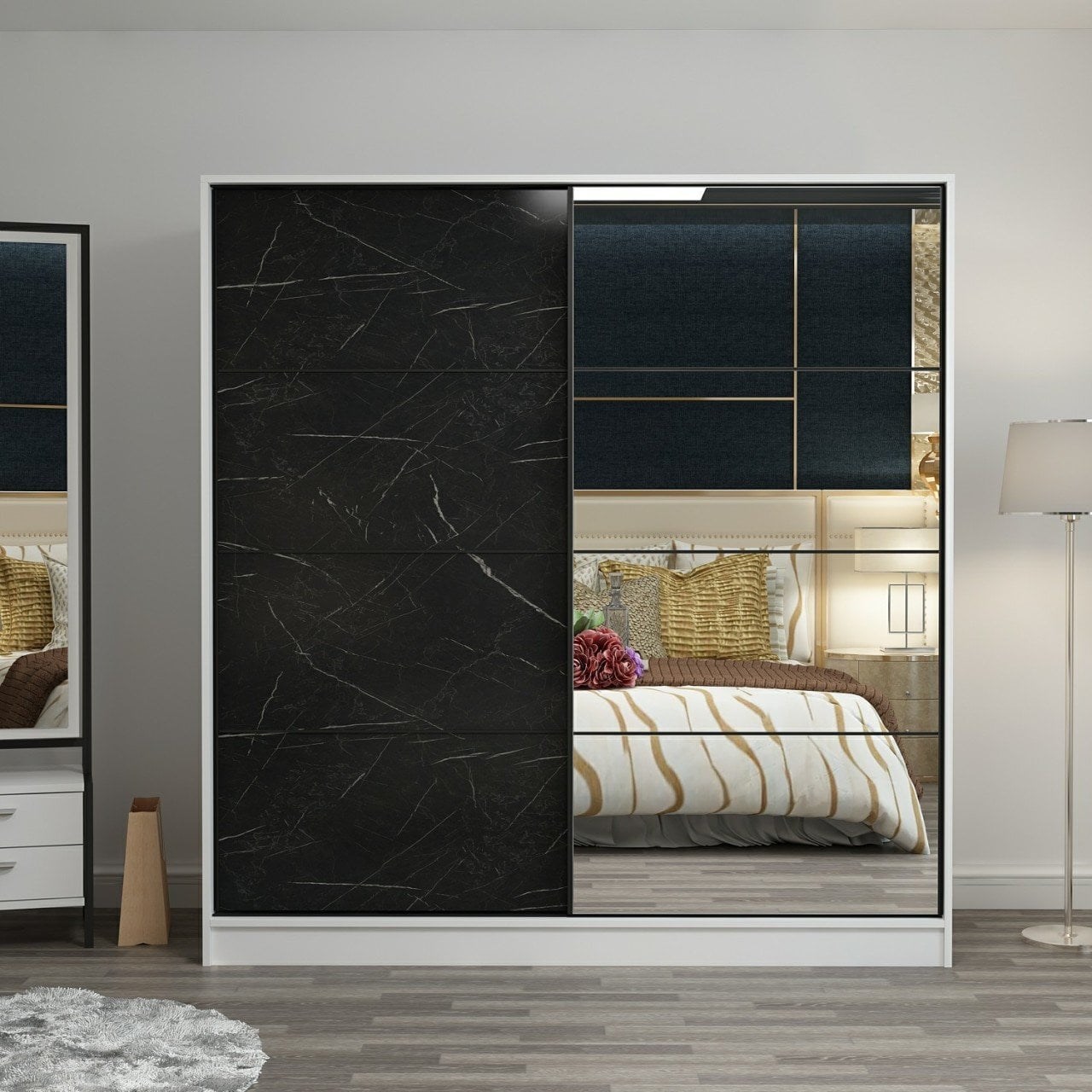 Minar Kale210Y 2K Sürgülü Dolap 220G Cm - Byz Aynalı Royal Mermer
