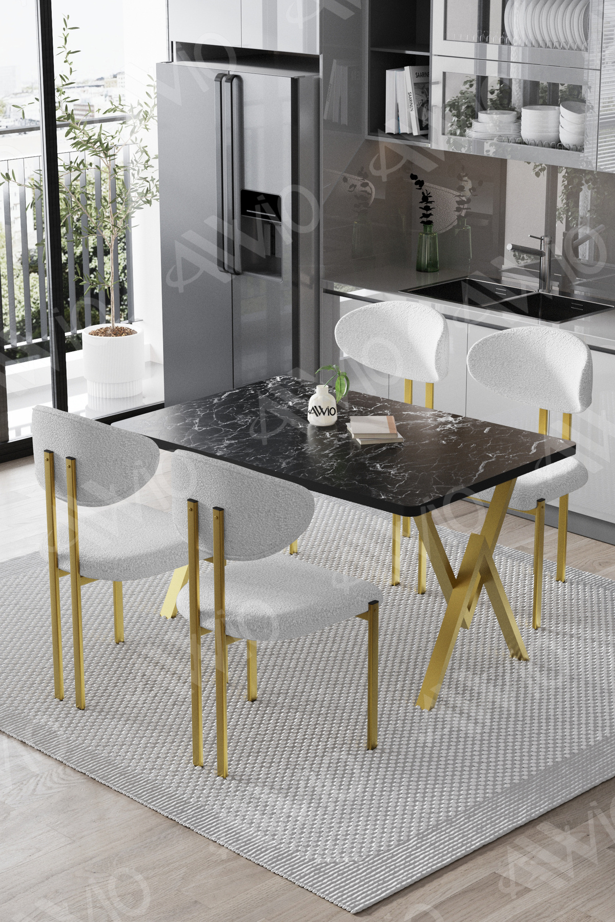 Mirage Mat Gold Lotus 80x120 Yemek Masası Mutfak Masası Ofis Masası 4 Kişilik Masa Sandalye Takımı Siyah Mermer Sandalye Mat Gold Beyaz
