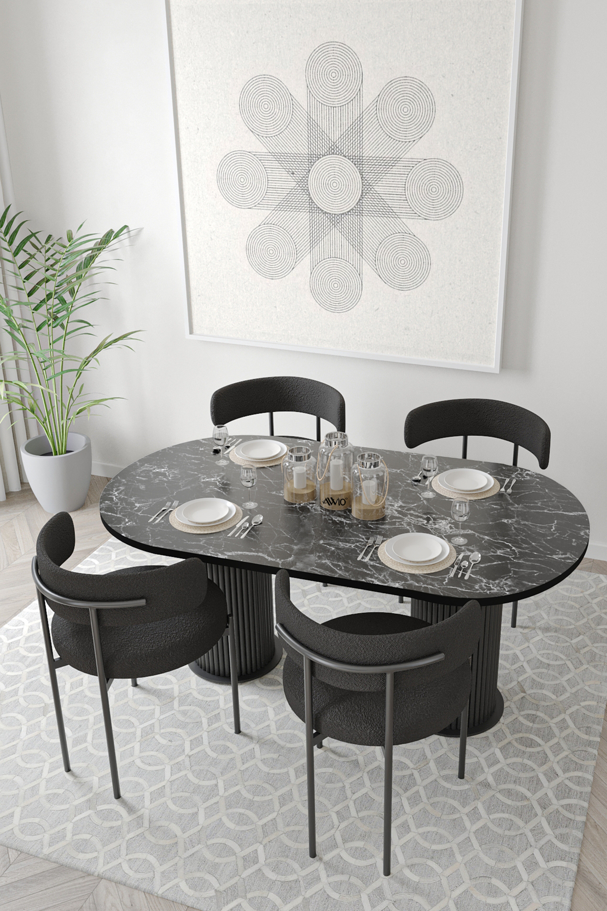 Miranda Ptt Silindir Ayak 80x140 Oval Yemek Masası Mutfak Masası Masa Sandalye Takımı Siyah Mermer