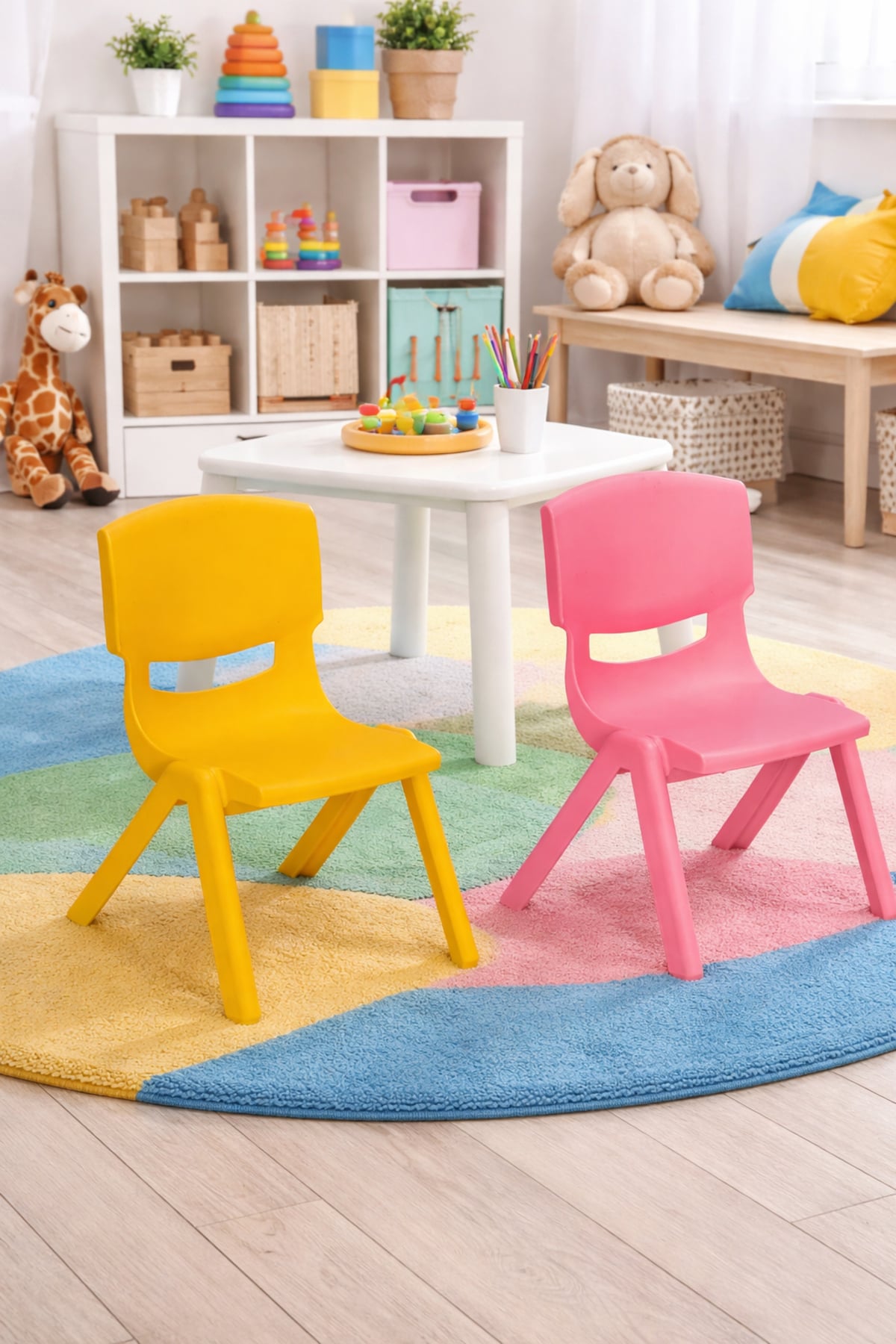 Mobetto 2 Adet Kreş Anaokulu Çocuk Sandalyesi Sert Plastik- Pembe/Sarı