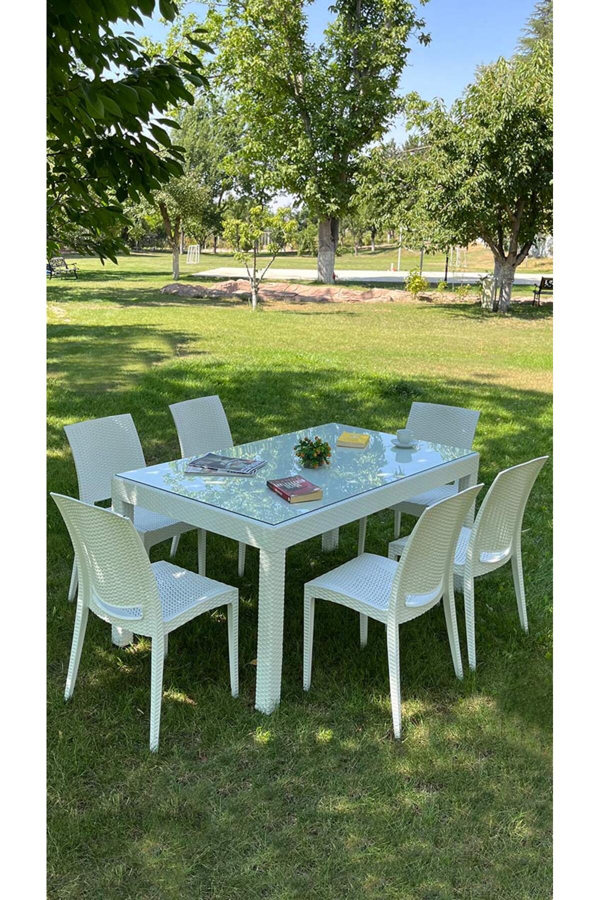 Mobetto Rattan Large Camlı Beyaz Masa Takımı Bahçe&balkon 1 Camlı Masa + 6 Sandalye