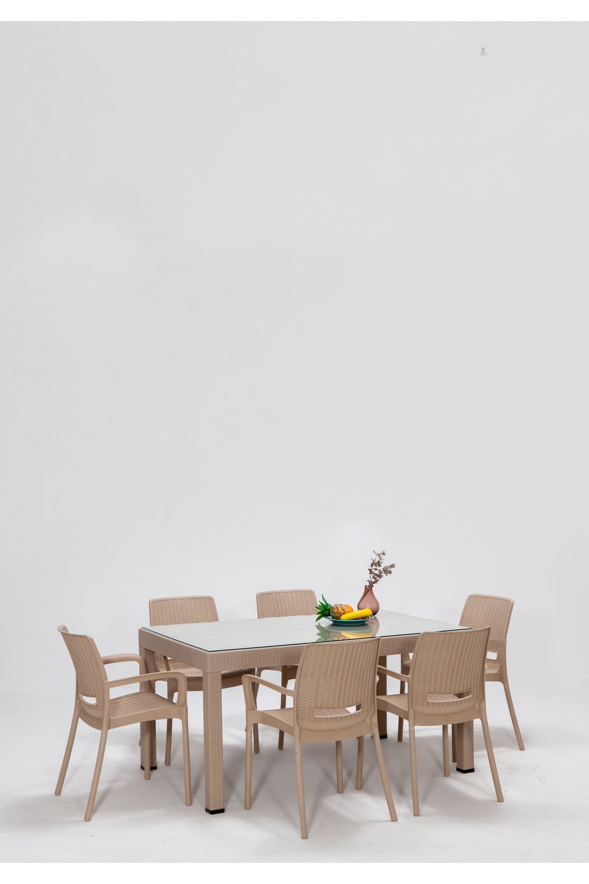 Mobetto Rattan Large Lüx Camlı Cappucino Masa Takımı Bahçe&balkon 1 Camlı Masa + 6 Sandalye