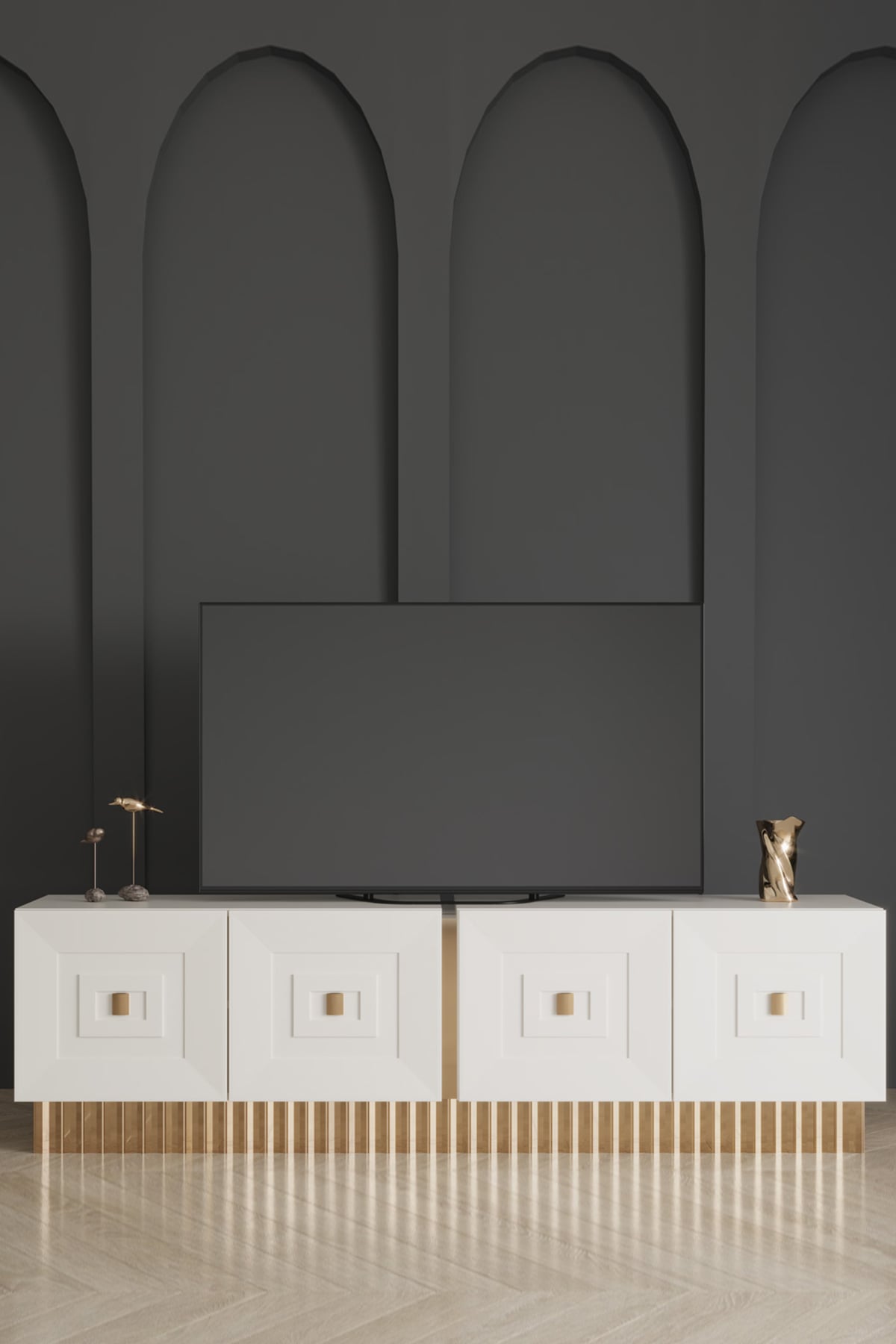 Modalife 4 Kapaklı 204x48 cm Tv Sehpası - Beyaz&Gold