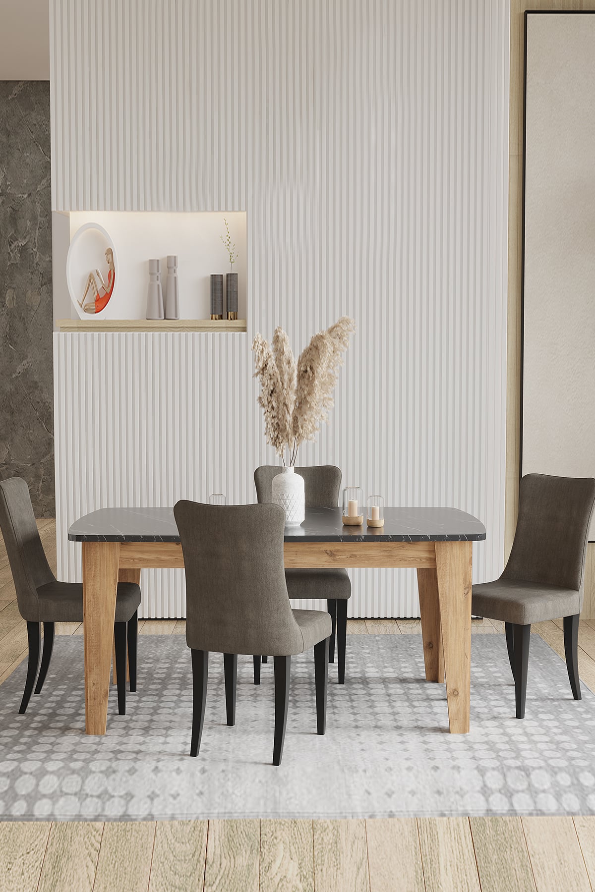 Modalife Avrupa 4 Sandalye 1 Sabit Masa Yemek Masası Takımı 4 Kişilik - Atlantik Çam