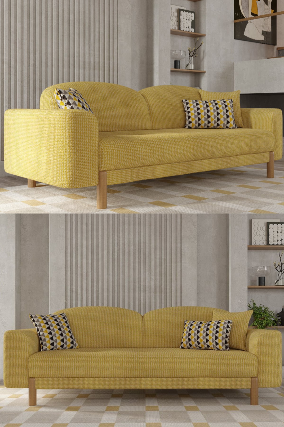 Modalife Bohem Plus Kanepe, Üçlü Koltuk, Salon Oturma Odası Üçlü Kanepe, Yataklı, İskandinav - Sarı