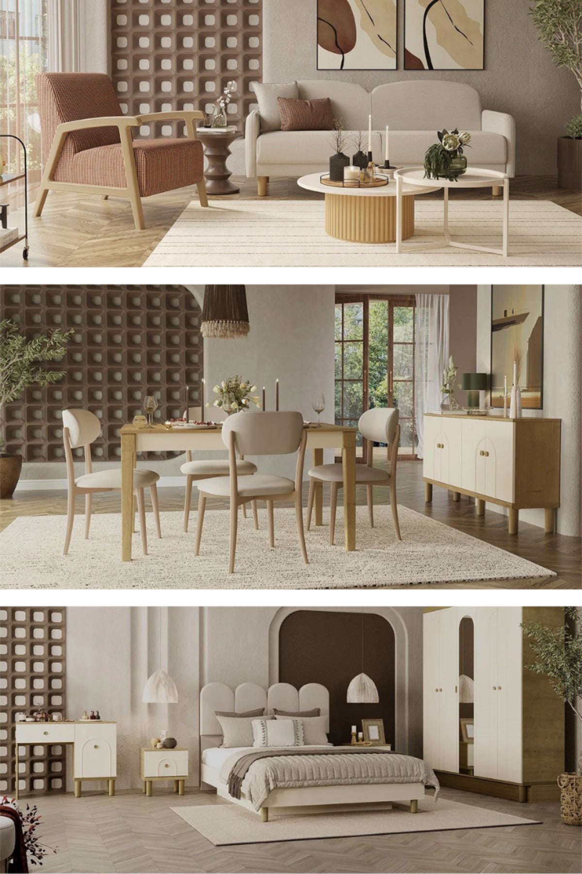 Modalife Eco Bohem Üçlü Midi Düğün Paketi - Oturma Grubu / Yatak Odası Takımı / Yemek Odası Takımı