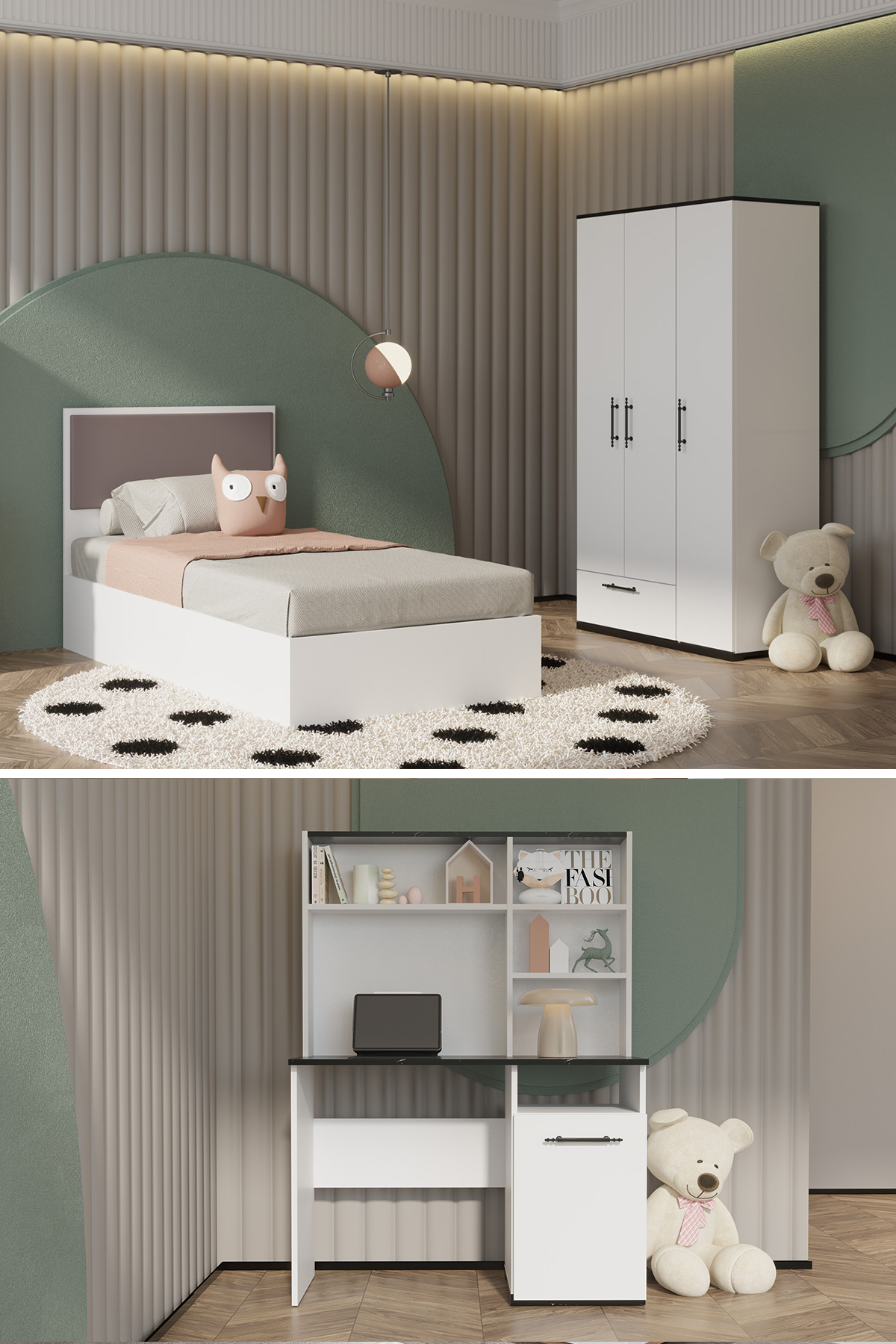 Modalife Still Genç Çocuk Odası Takımı Karyola+Başlık&Gardırop&Çalışma Masası - Beyaz Mermer Desen