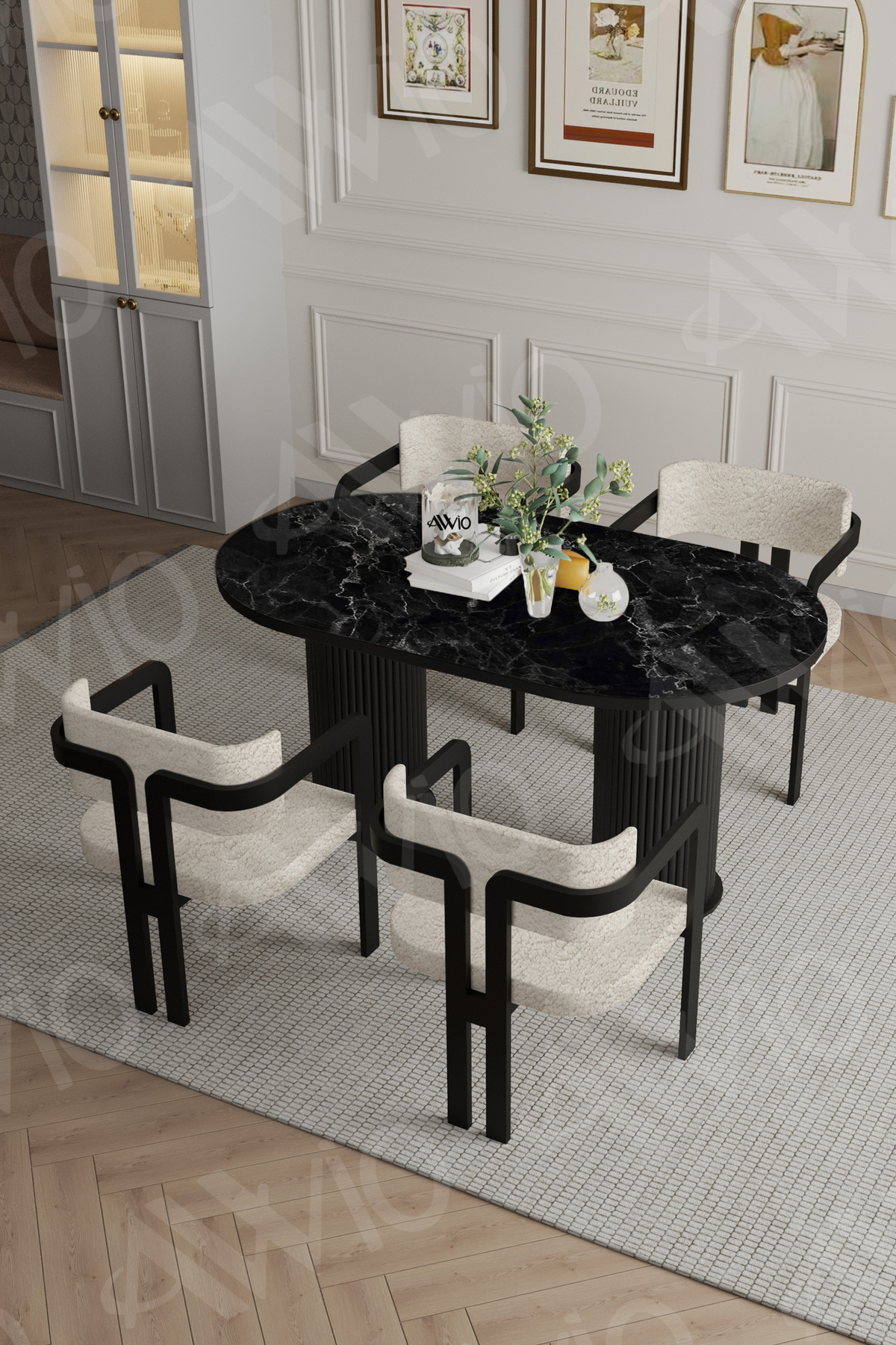 Nidya Bohem Ayak 4'lü Tokyo Metal Demonte Sandalye 80x140 Masa Sandalye Takımı Siyah Mermer