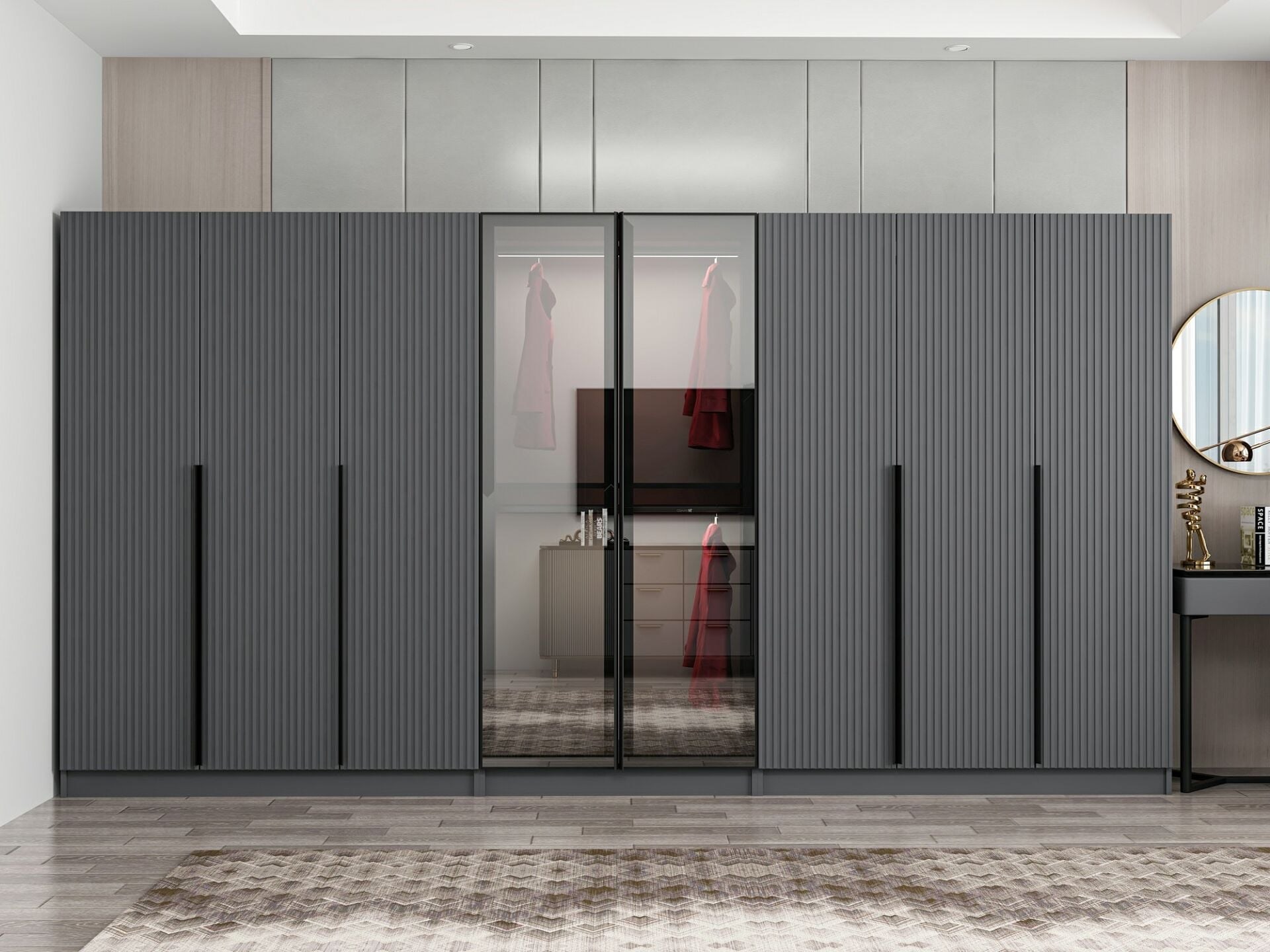 Nisa Plus 8 Kapaklı 4 Çekmece Dolap Antrasit Mebran Reflekte Cam