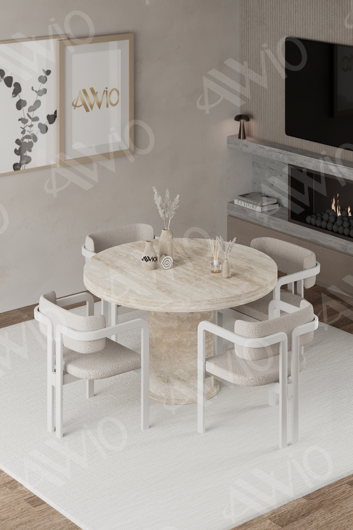 Orion İskandinav Traverten 90x90 Yuvarlak Yemek Masası Mutfak Masası 4 Kişilik Masa Sandalye Takımı Krem Traverten Masa Sandalye Beyaz