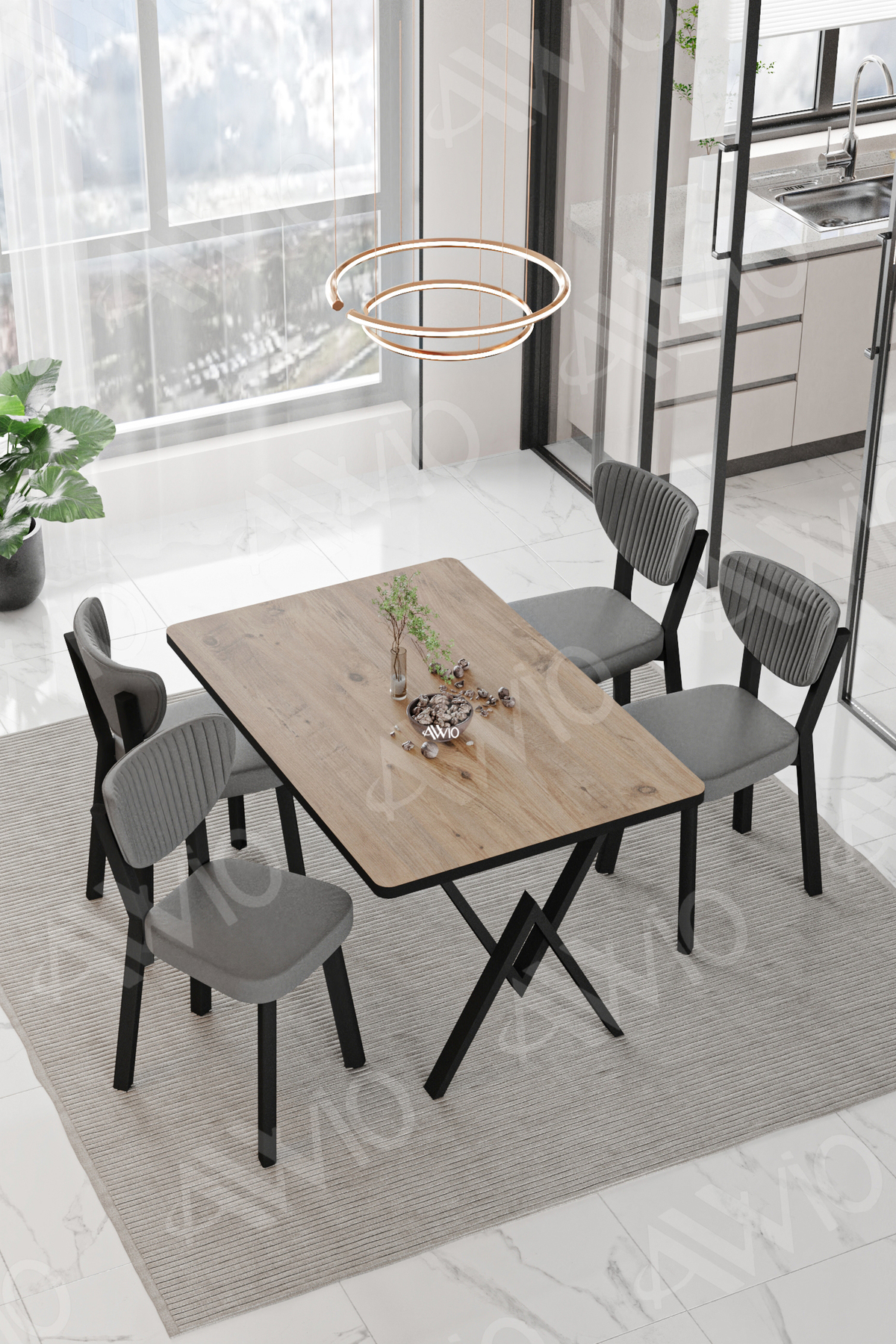 Pedra Elma Sandalye 80x120 Yemek Masası Mutfak Masası 4 Kişilik Masa Sandalye Takımı Akça