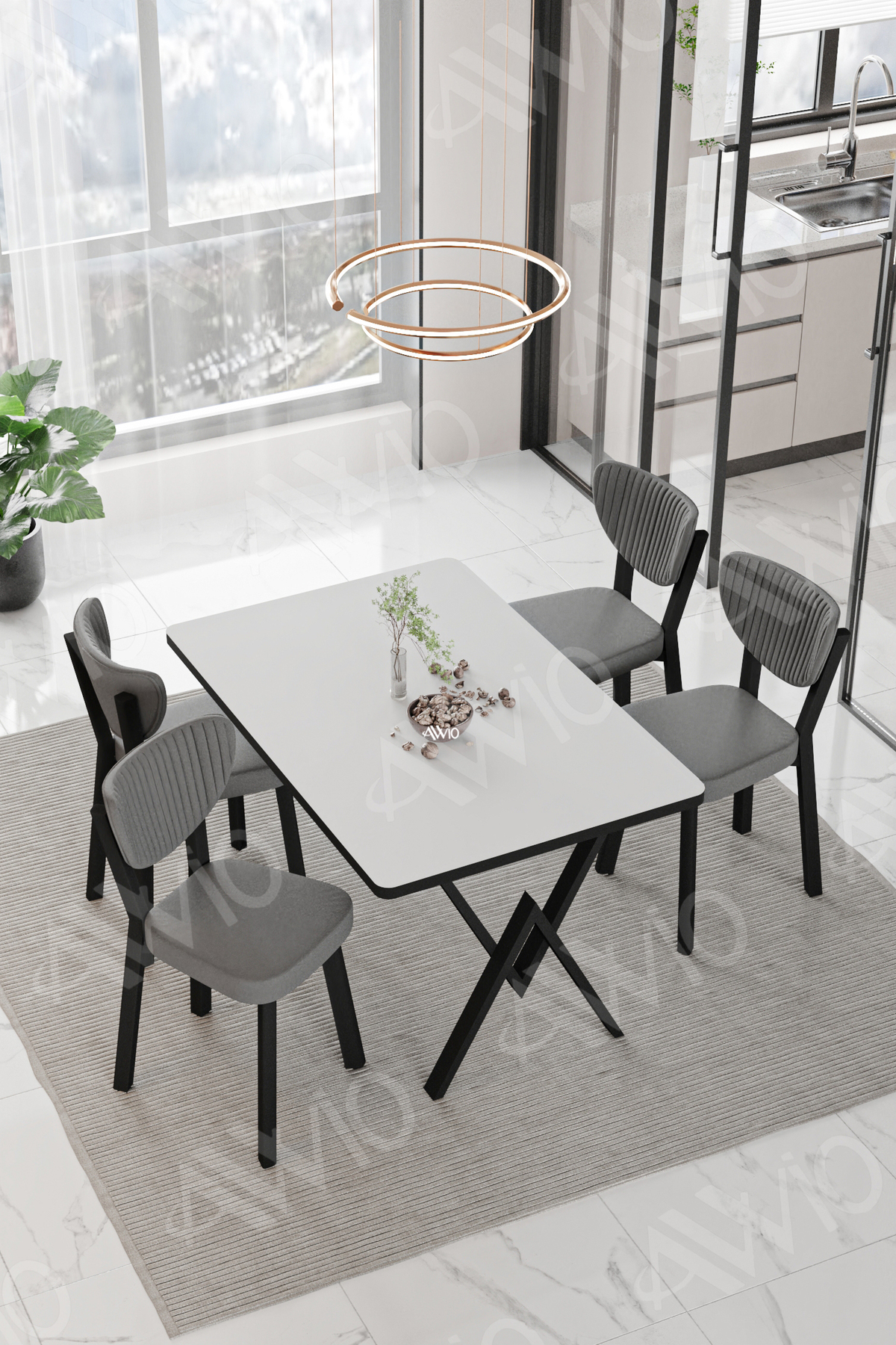 Pedra Elma Sandalye 80x120 Yemek Masası Mutfak Masası 4 Kişilik Masa Sandalye Takımı Beyaz