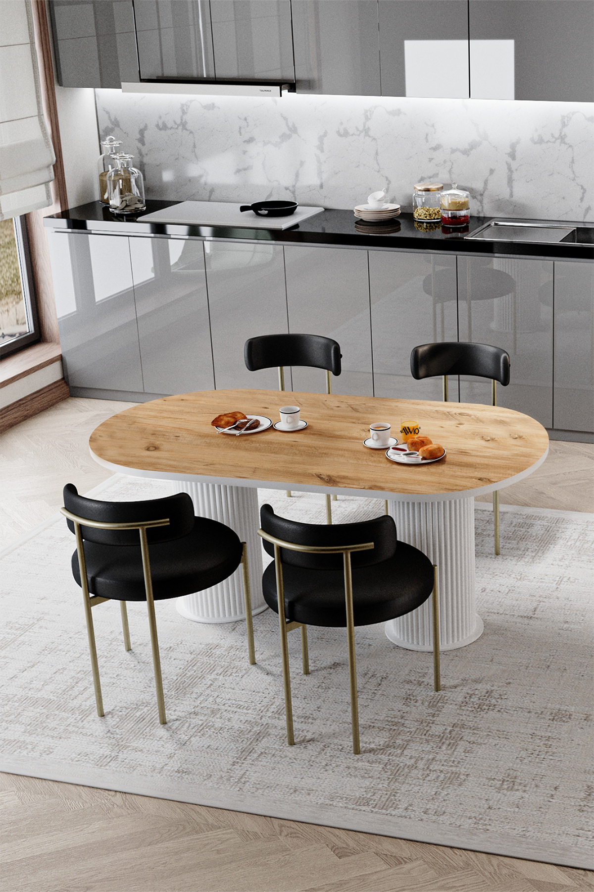 Rita Beyaz Bohem Ayak 80x160 Yemek Masası & Mutfak Masası & Salon Masası Masa Sandalye Takımı Akça