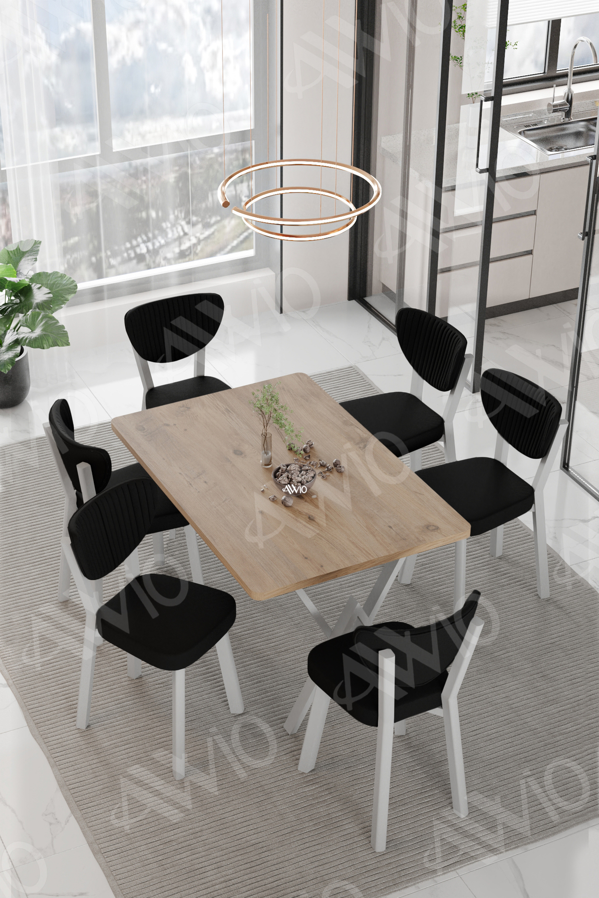 Rita Beyaz  Elma Sandalye 80x140 Yemek Masası Mutfak Masası 6 Kişilik Masa Sandalye Takım Akça