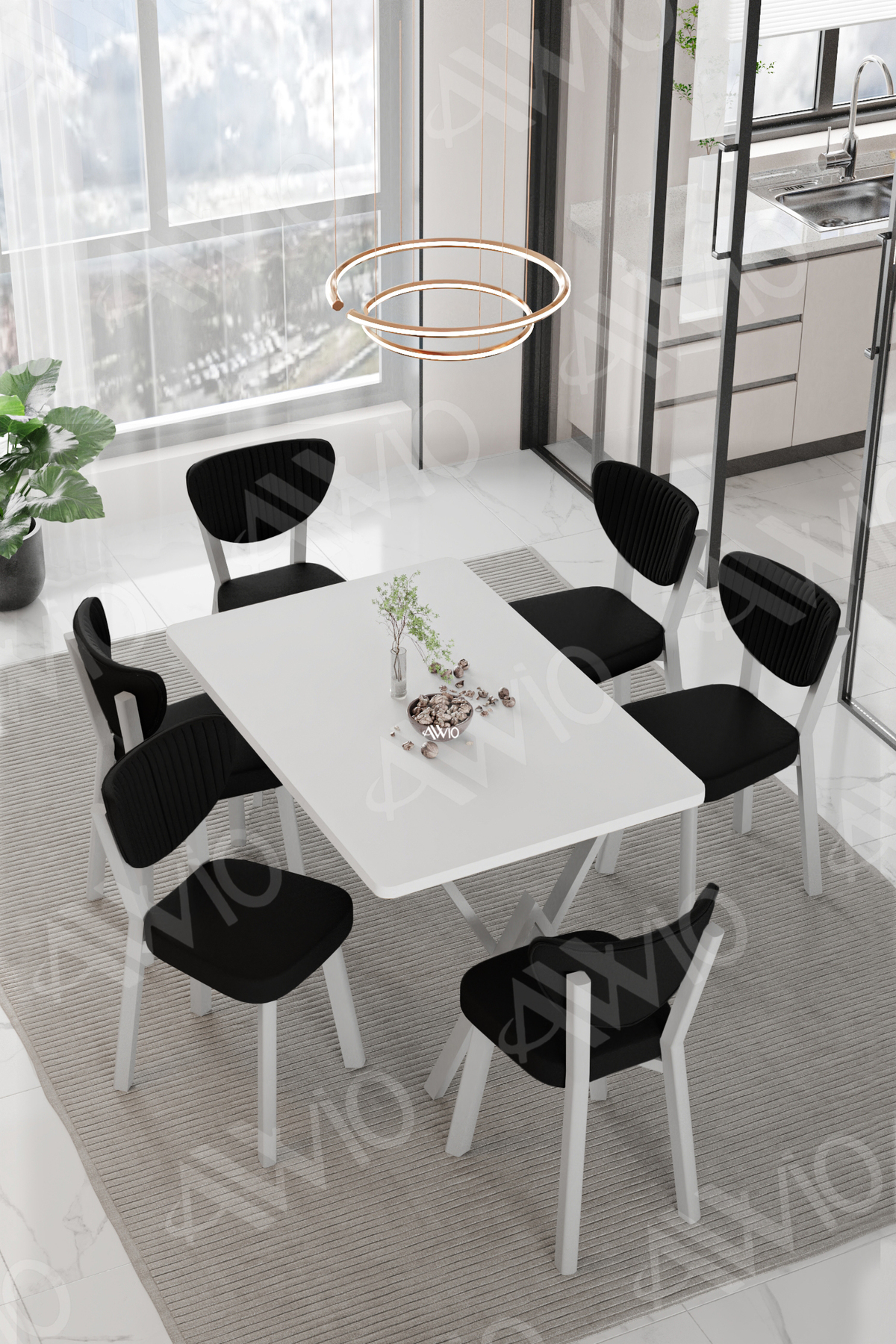Rita Beyaz  Elma Sandalye 80x140 Yemek Masası Mutfak Masası 6 Kişilik Masa Sandalye Takım Beyaz