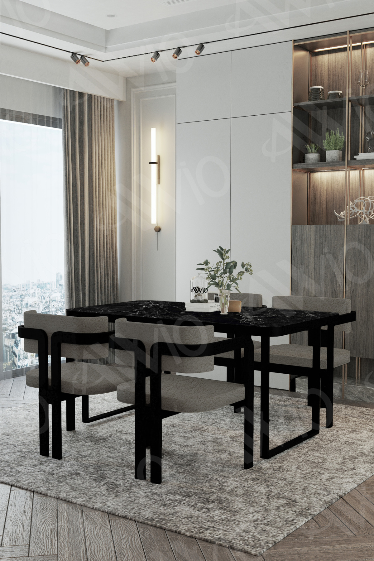 Roxy Metal Ayak Tokyo Demonte Sandalye 80x120 Yemek Masası Mutfak Masası 4 Kişilik Siyah Mermer